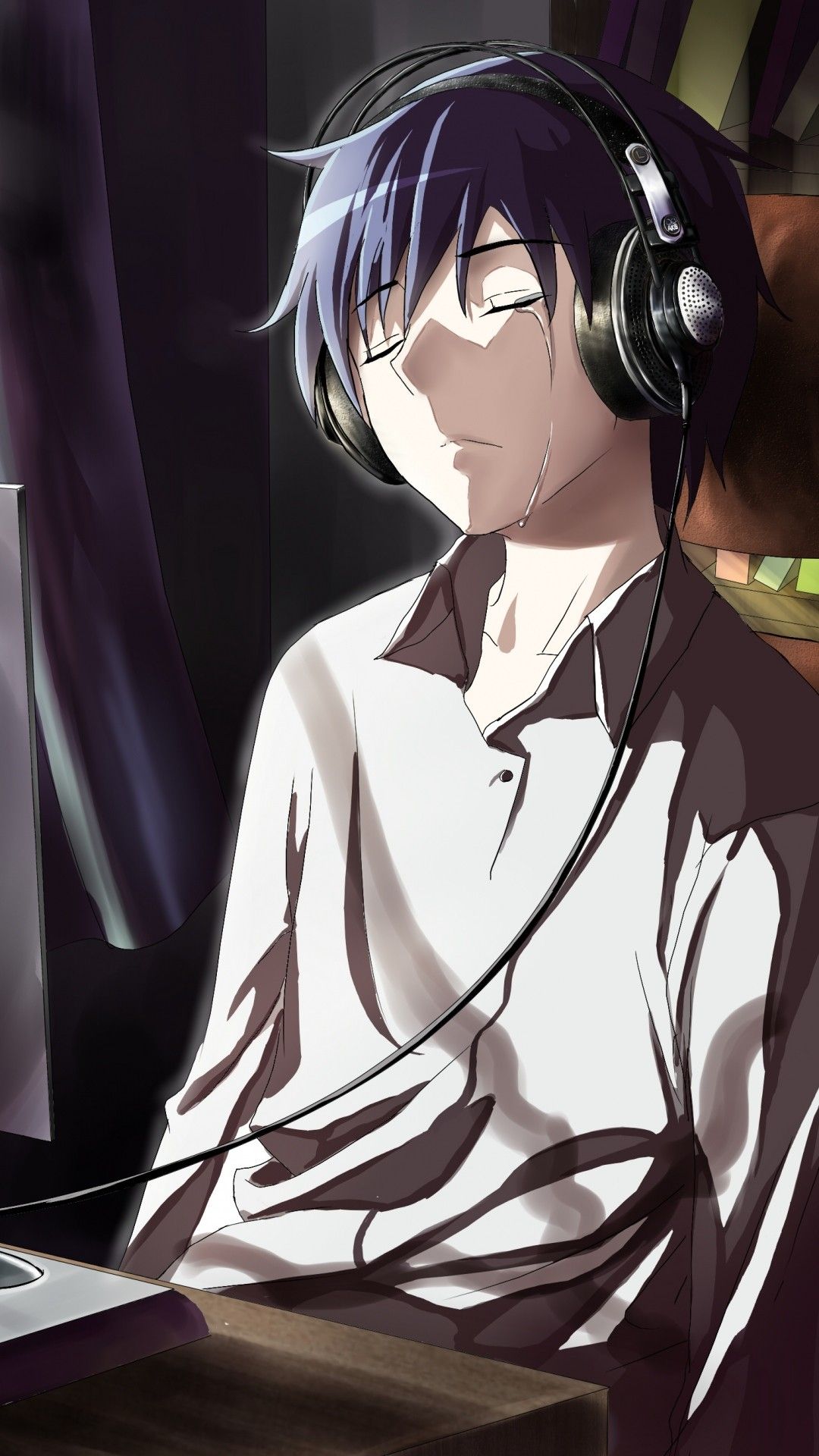 Ragazzo anime cuffie malinconico, 1080x1920 Verticale, Telefono