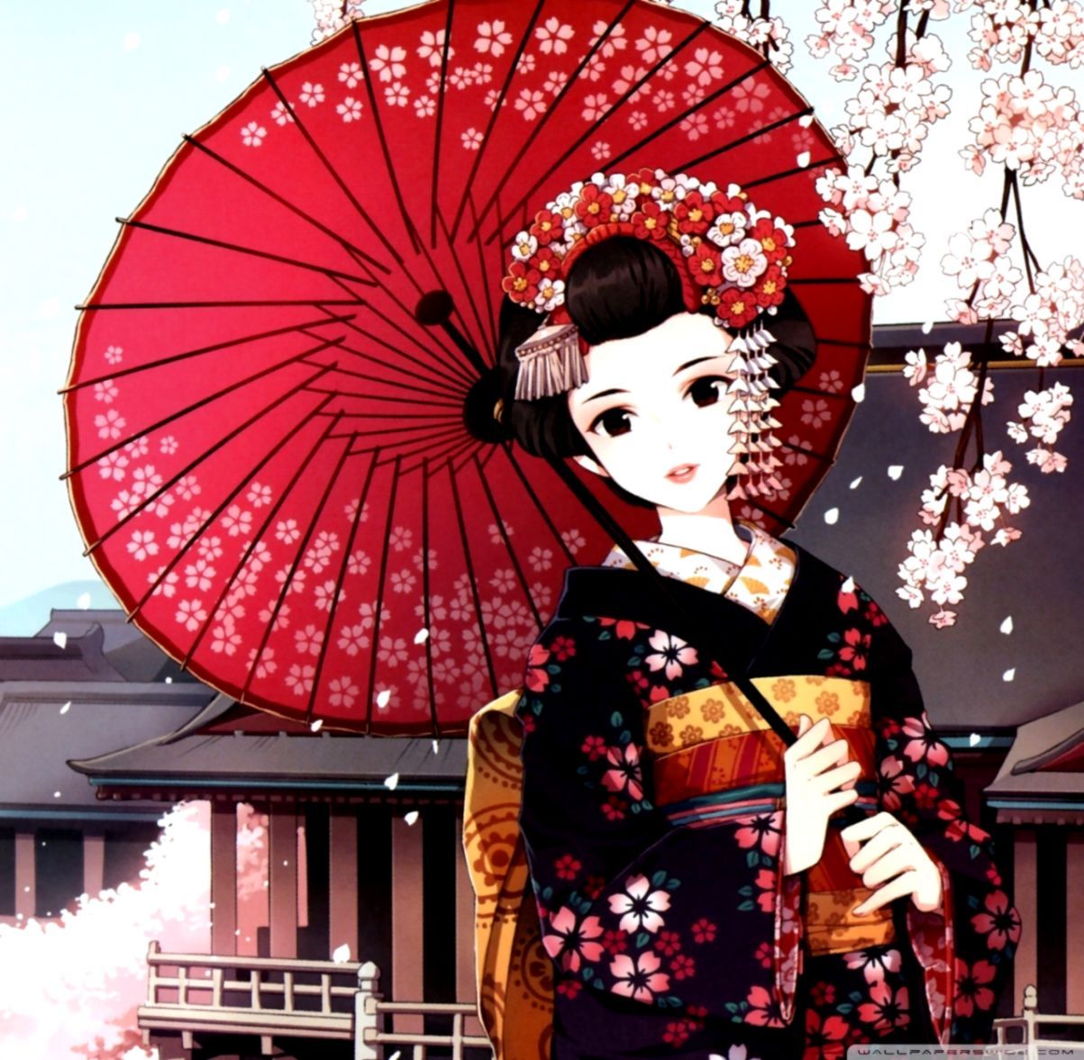 Ragazza in kimono, lanterne notturne, 1920x1080 Full HD, PC