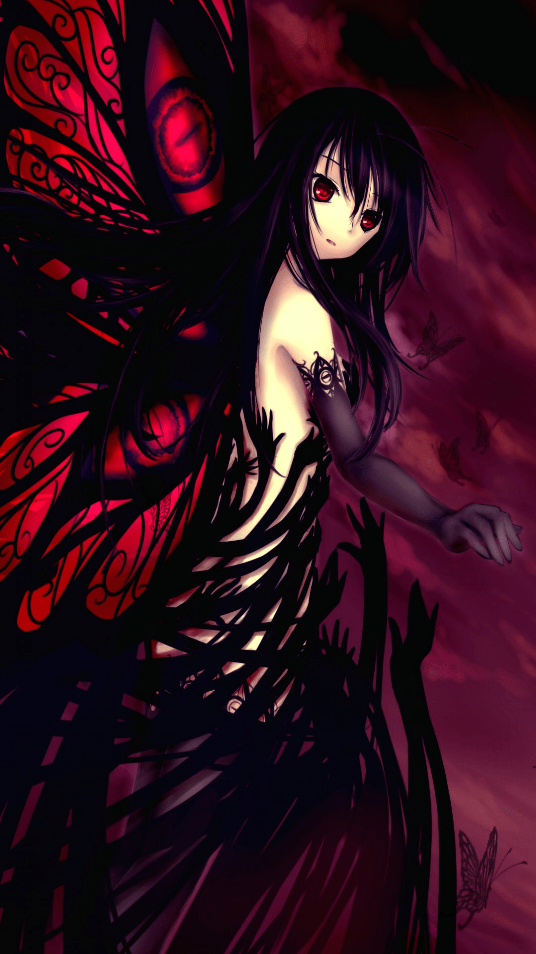 Ragazza anime ali farfalla rosse, 1080x1920 Verticale, Mobile