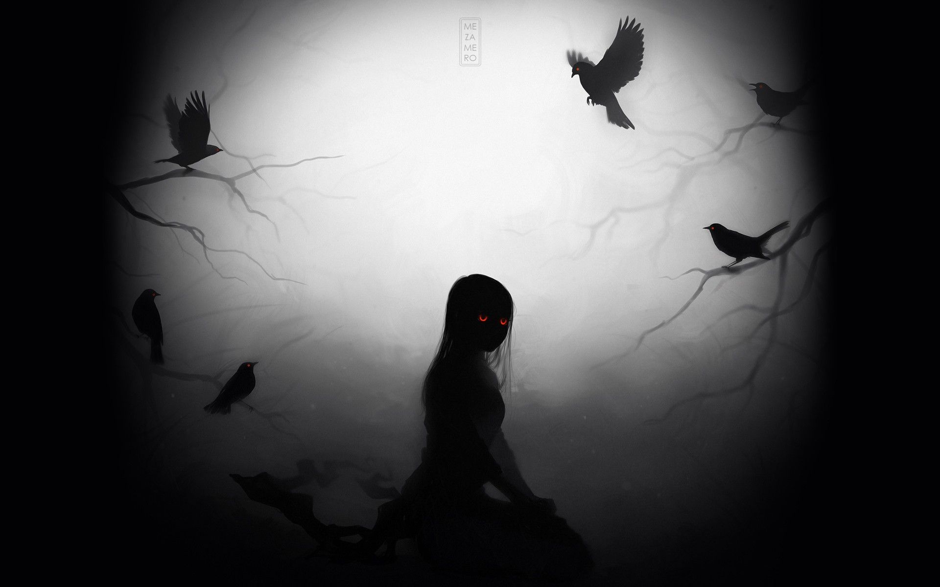 Ragazza silhouette con corvi neri, 1920x1200 Full HD+ WUXGA, Desktop
