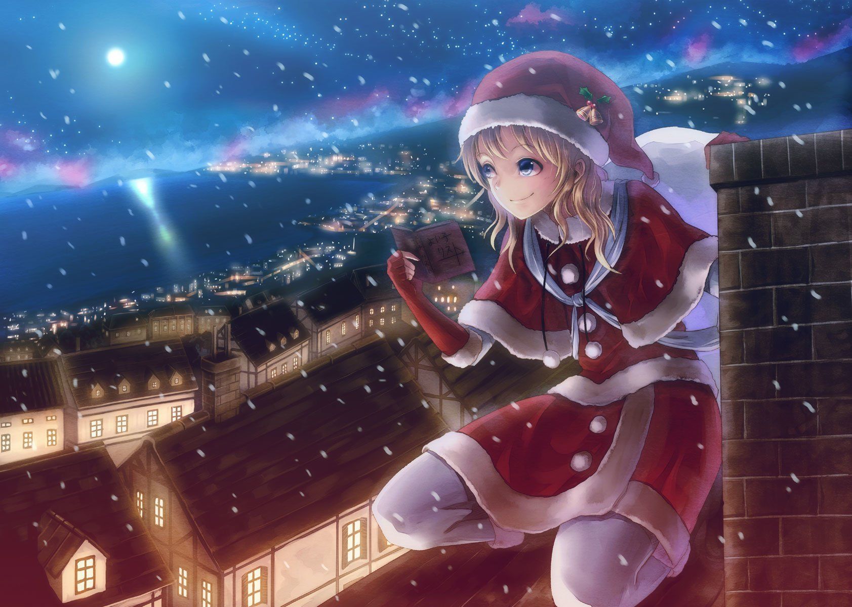 Ragazza anime babbo natale tetto, 1683x1200 HD, Desktop