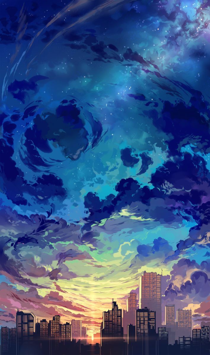 Cielo vorticoso su città anime, 709x1200 Full HD Verticale, Smartphone