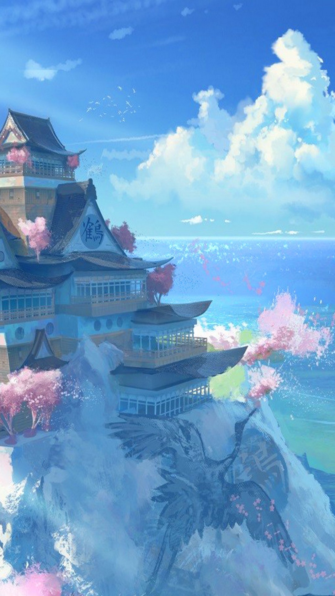 Tempio anime su scogliera fiorita, 1080x1920 Verticale, Telefono