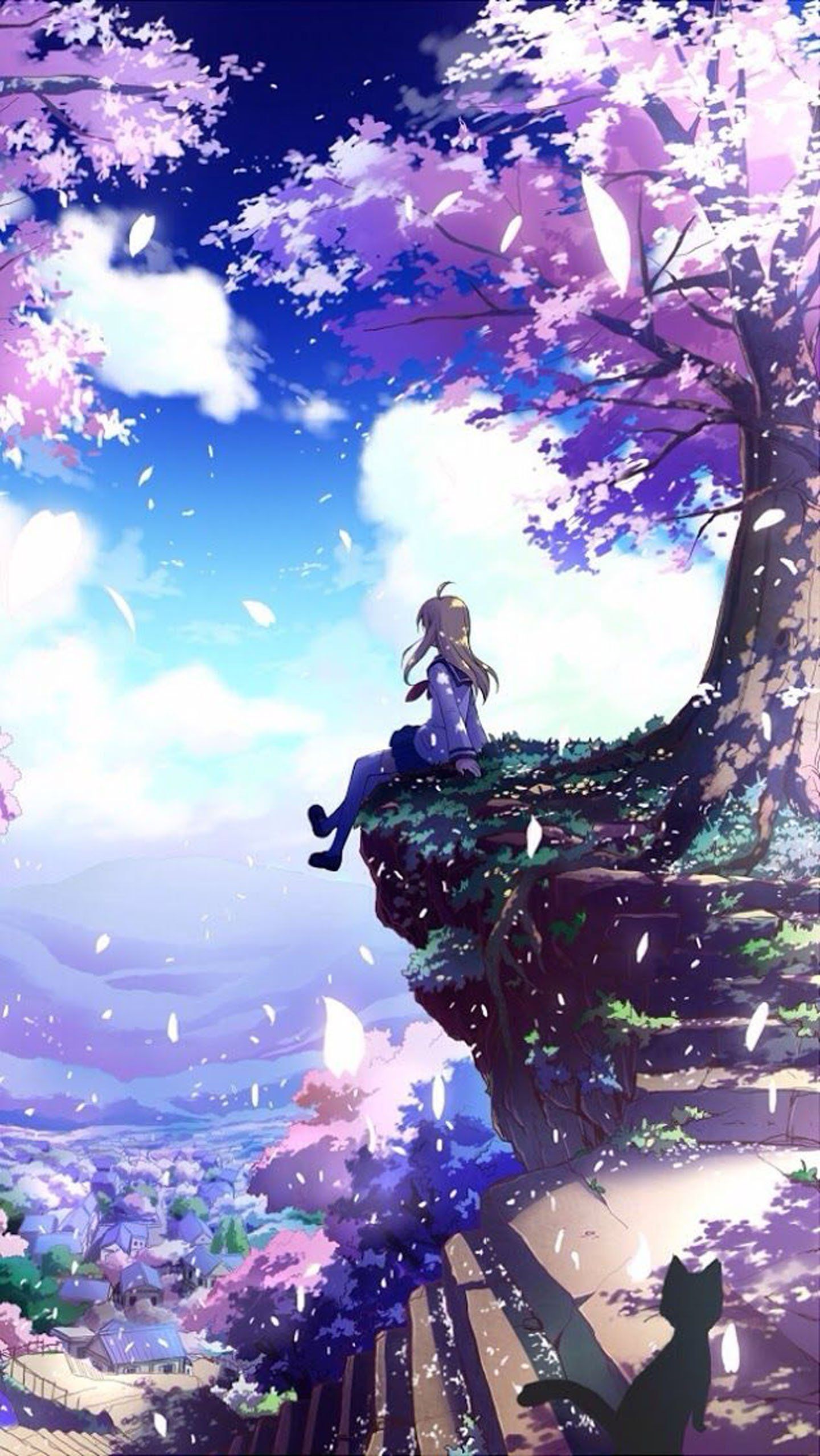 Ragazza anime su albero fiorito, 1440x2555 Verticale, Telefono