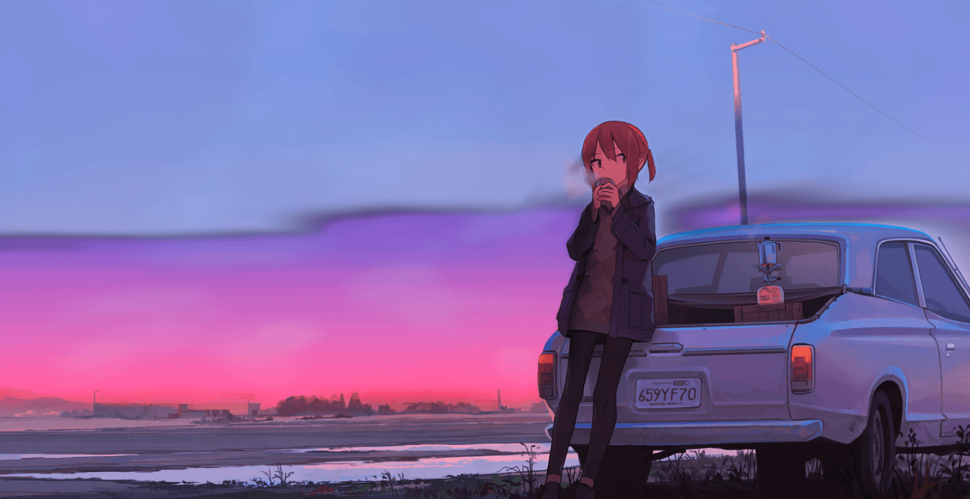 anime ragazzo auto tramonto rosa, 1366x703 HD, Desktop