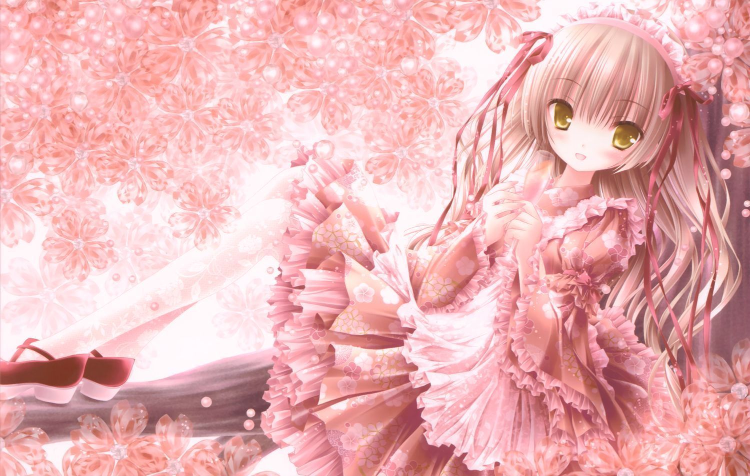 Ragazza anime con fiori rosa, 1500x953 HD, Desktop