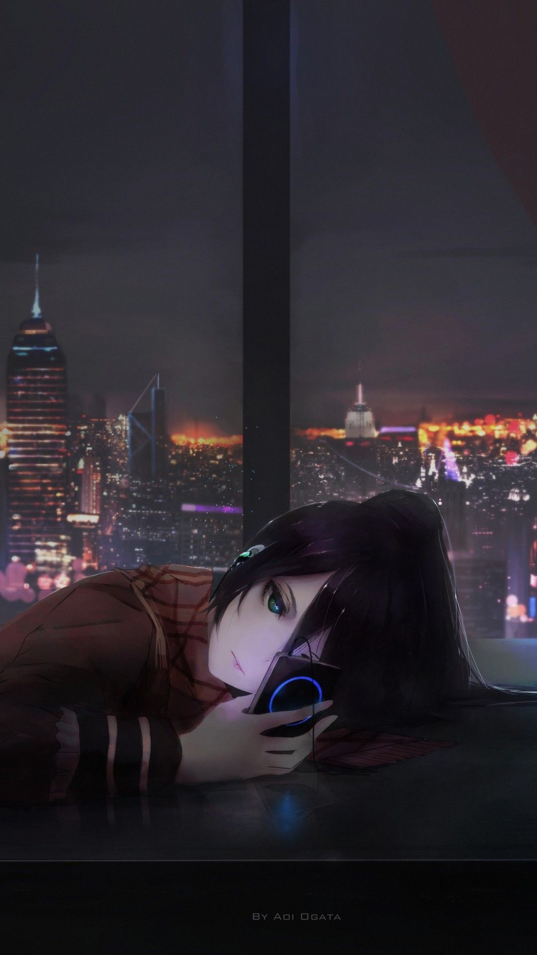 Ragazza anime malinconica finestra notturna, 1080x1920 Verticale, Telefono