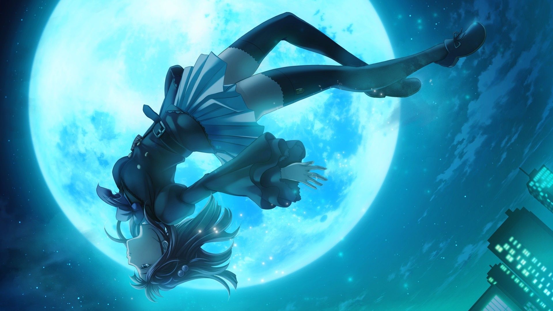 Ragazza anime cade luna blu, 1920x1080 Full HD, Desktop