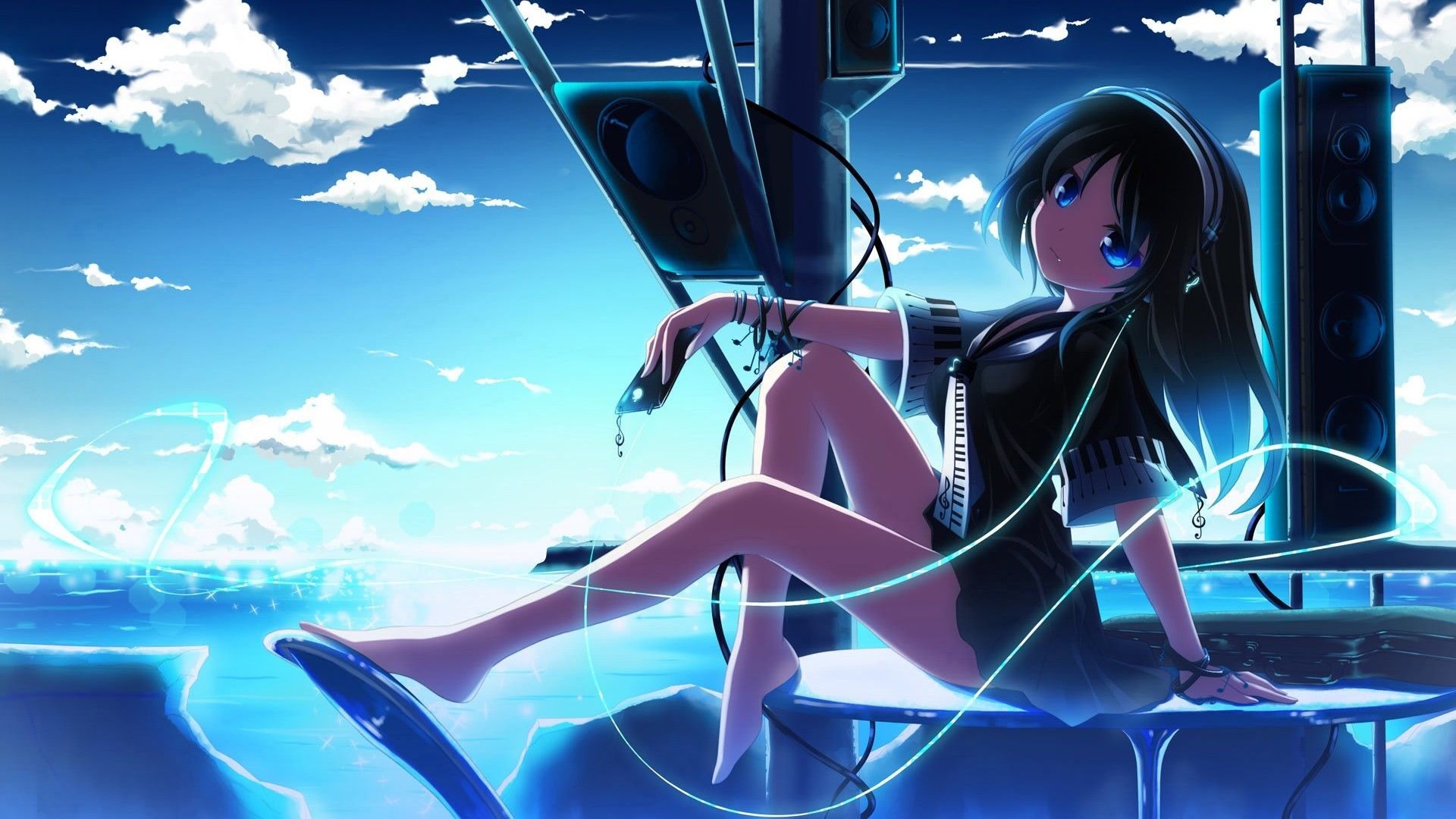 Ragazza anime seduta malinconica blu, 1920x1080 Full HD, Desktop