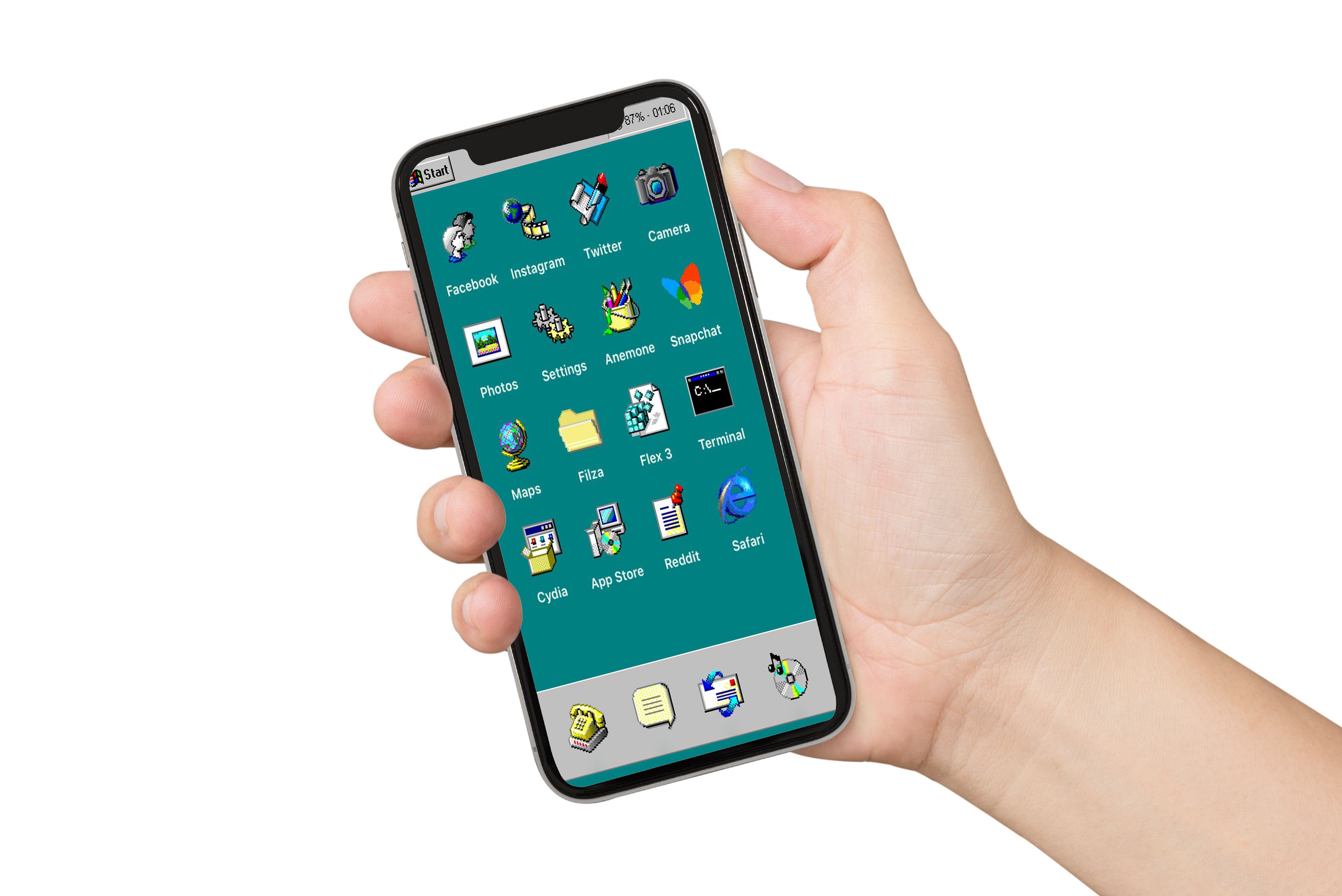iPhone con tema Windows 95, sistema operativo Microsoft, 3913x2613 4K Ultra HD, Monitor 4K