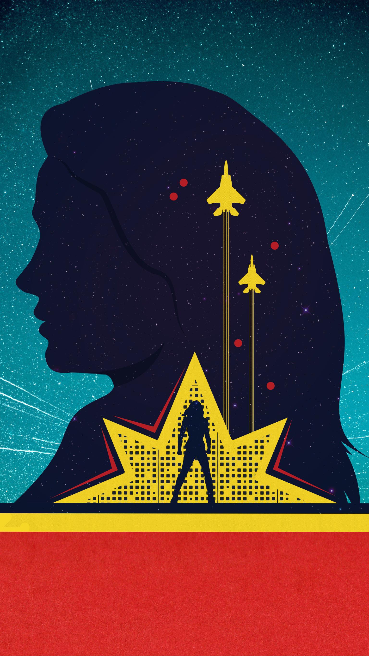 Silhouette Captain Marvel stella gialla, supereroi, 1536x2732 Verticale, Mobile