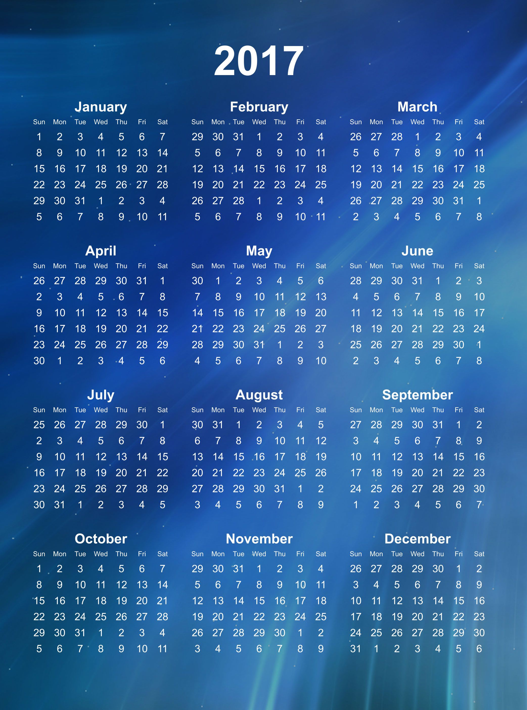 Calendario 2017 sfondo blu, 2085x2808 Verticale, Mobile
