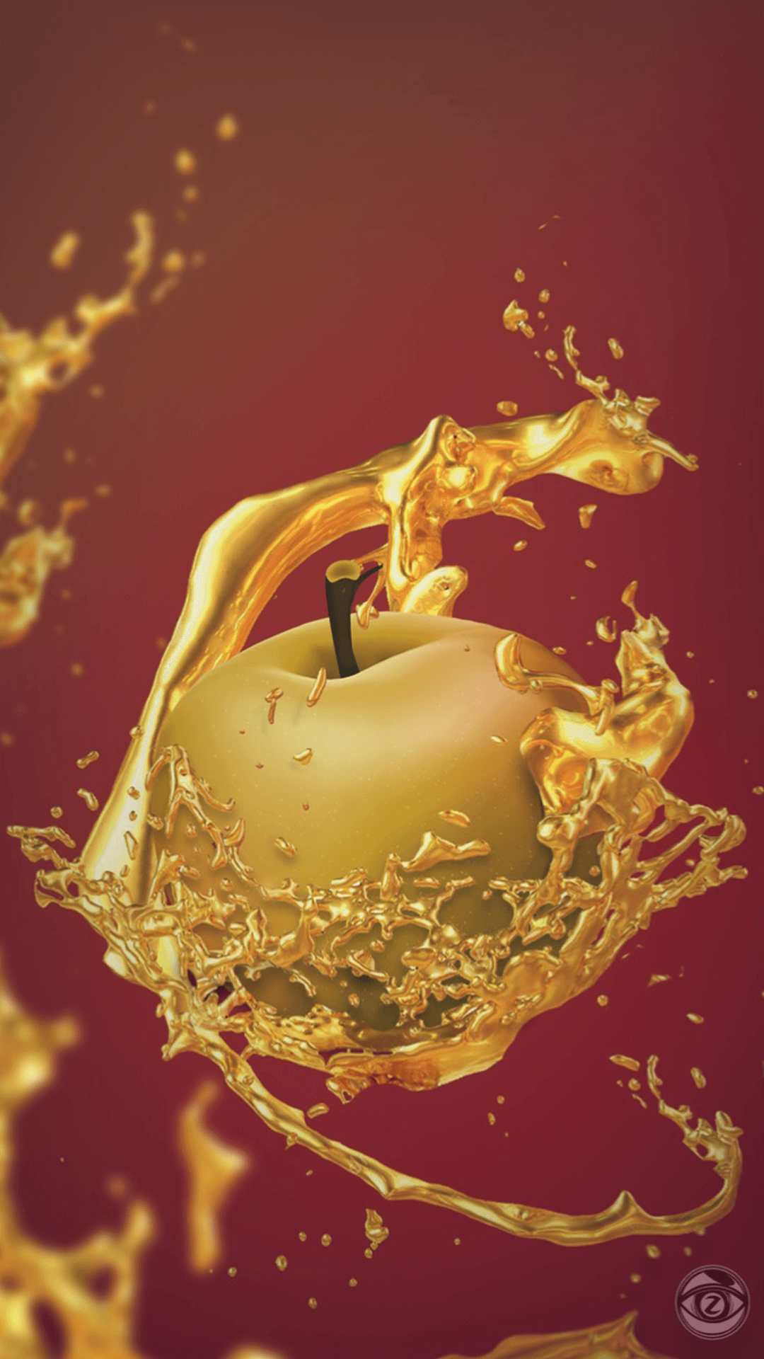 Mela dorata con schizzi liquido, 1080x1920 Full HD Verticale, Smartphone