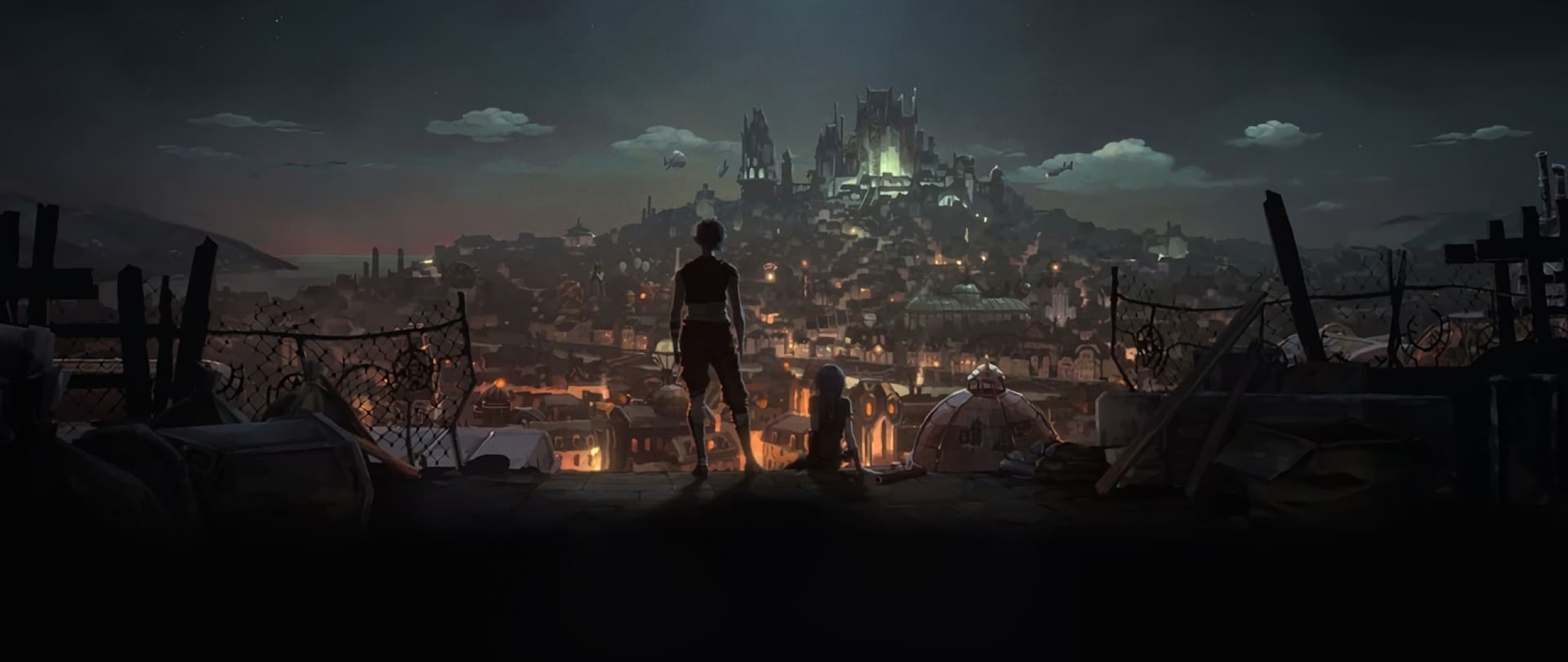 Arcane, silhouette città notturna, 2560x1080 Panoramico, Monitor Gaming