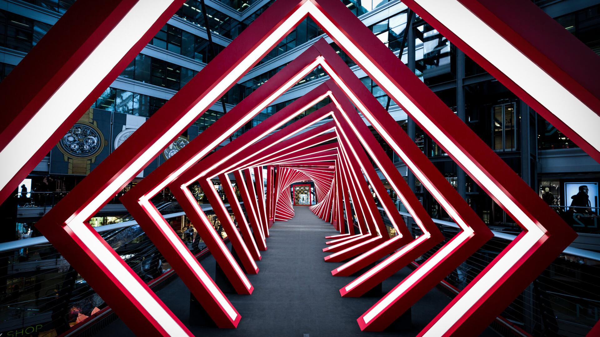 Tunnel geometrico rosso architettonico, 1920x1080 Full HD, PC