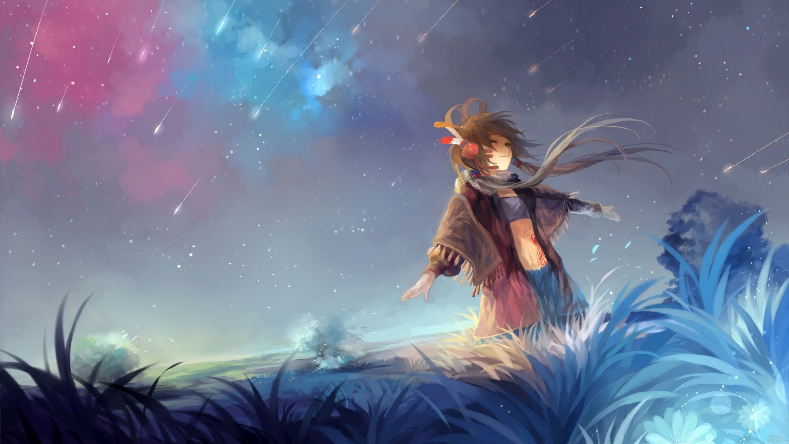 Personaggio anime tra erba notturna, 2560x1440 1440p, Desktop