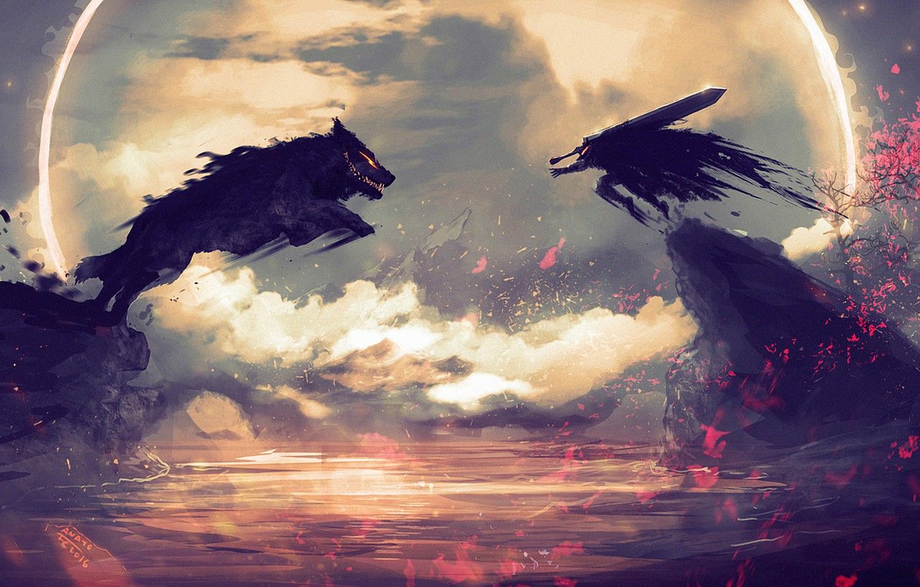 Guts e lupo, Berserk anime art, manga dark fantasy, 1332x850 720p, PC
