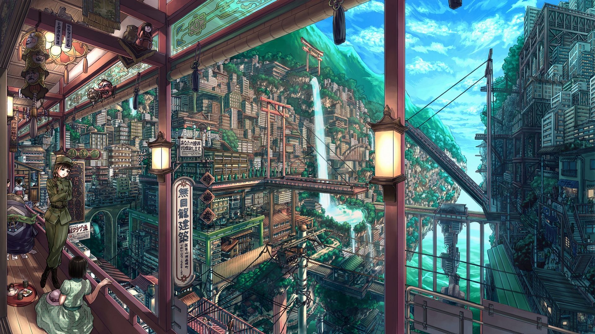 Città anime con cascata e ponte, 1920x1080 Full HD, PC Desktop