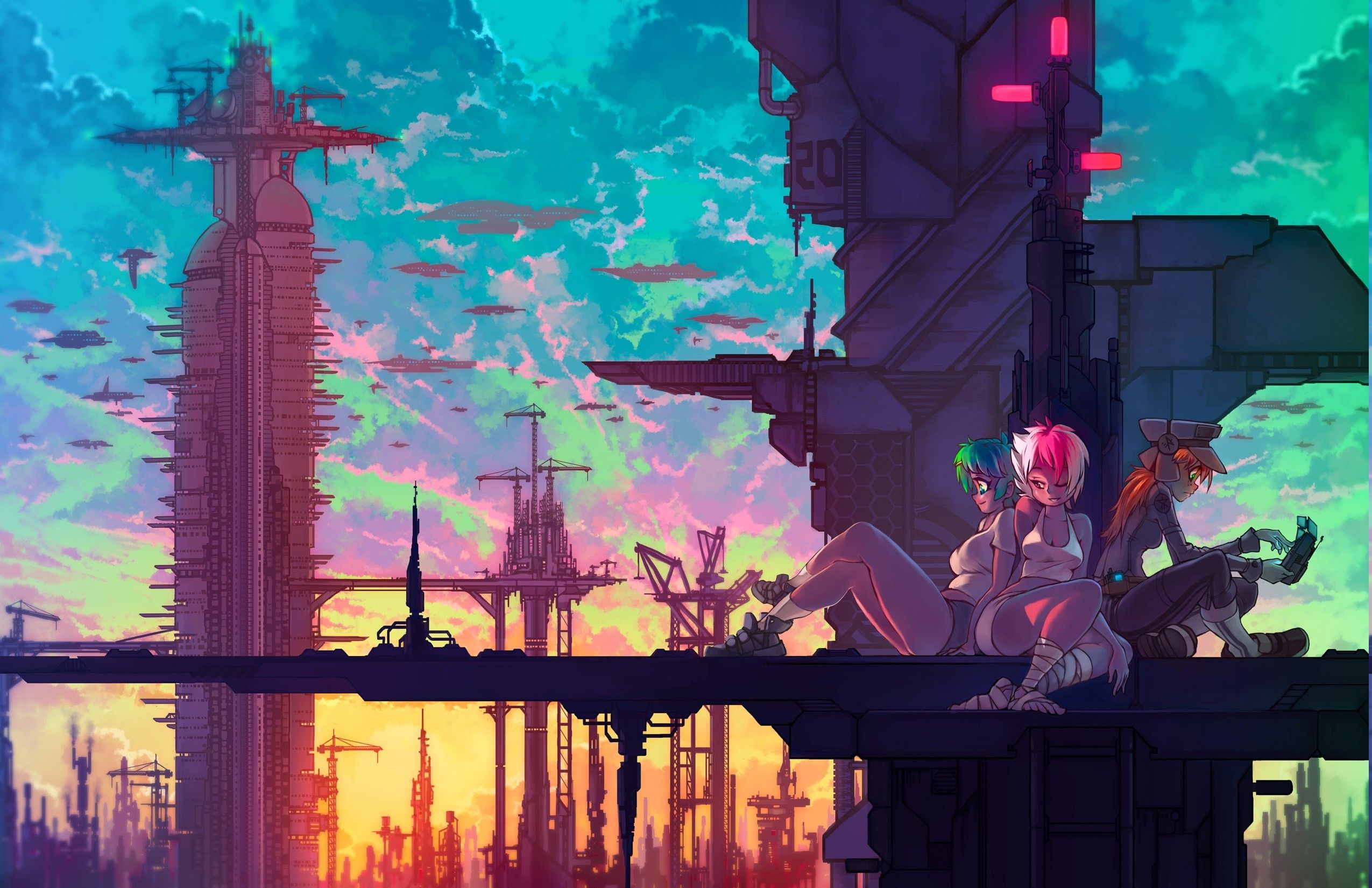 Ragazze anime città futuristica tramonto, 2550x1650 alta risoluzione, Desktop