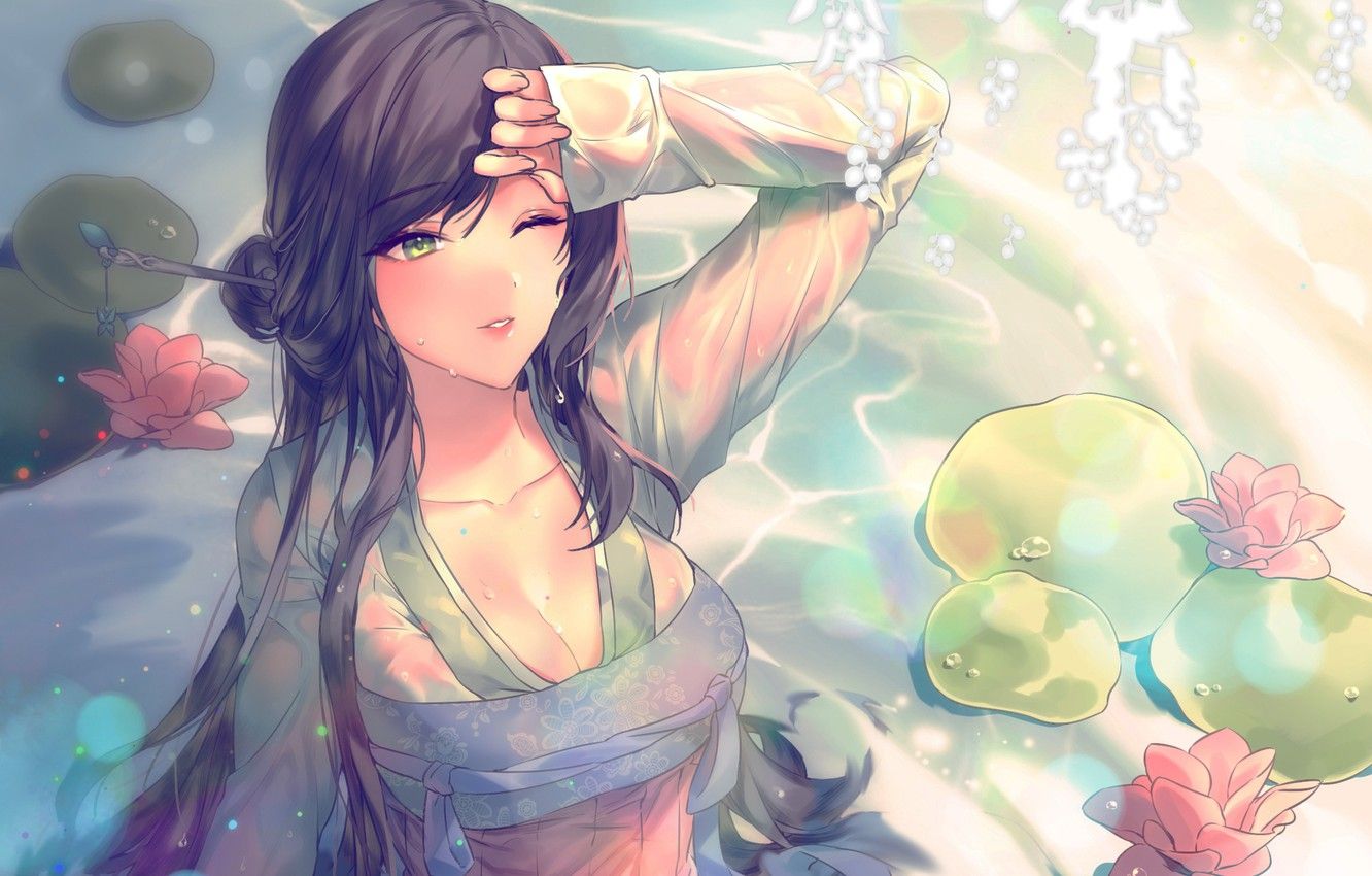 ragazza anime capelli neri, fiori, 1332x850 720p, Laptop