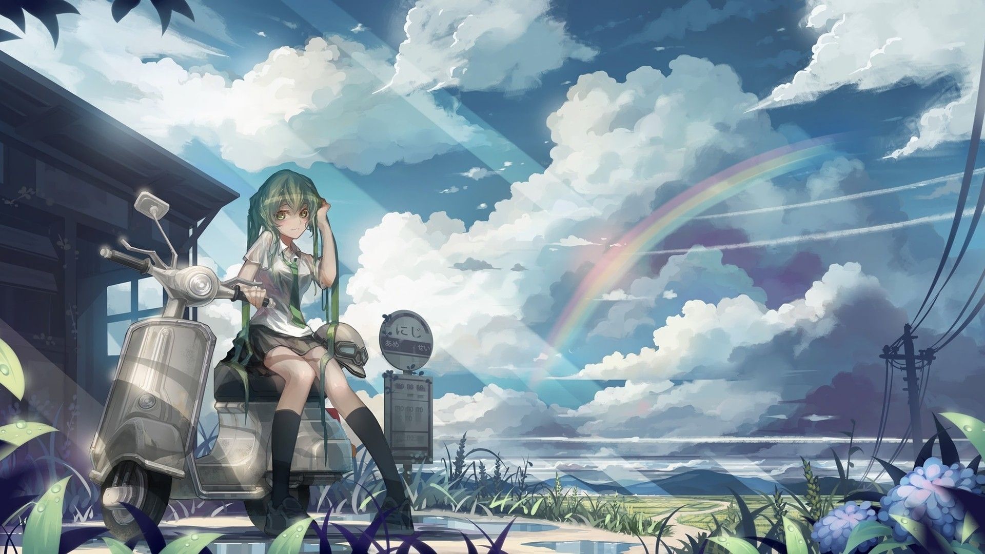 Ragazza anime seduta su scooter, 1920x1080 1080p, Laptop