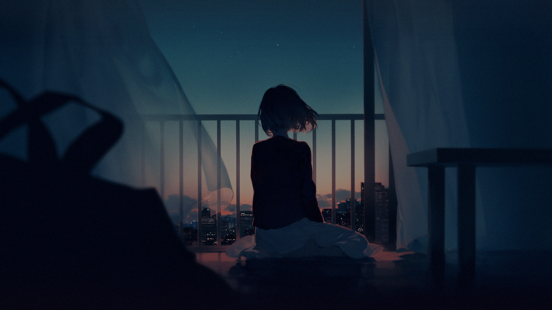 ragazza anime seduta balcone notte, 1920x1080 1080p, Desktop