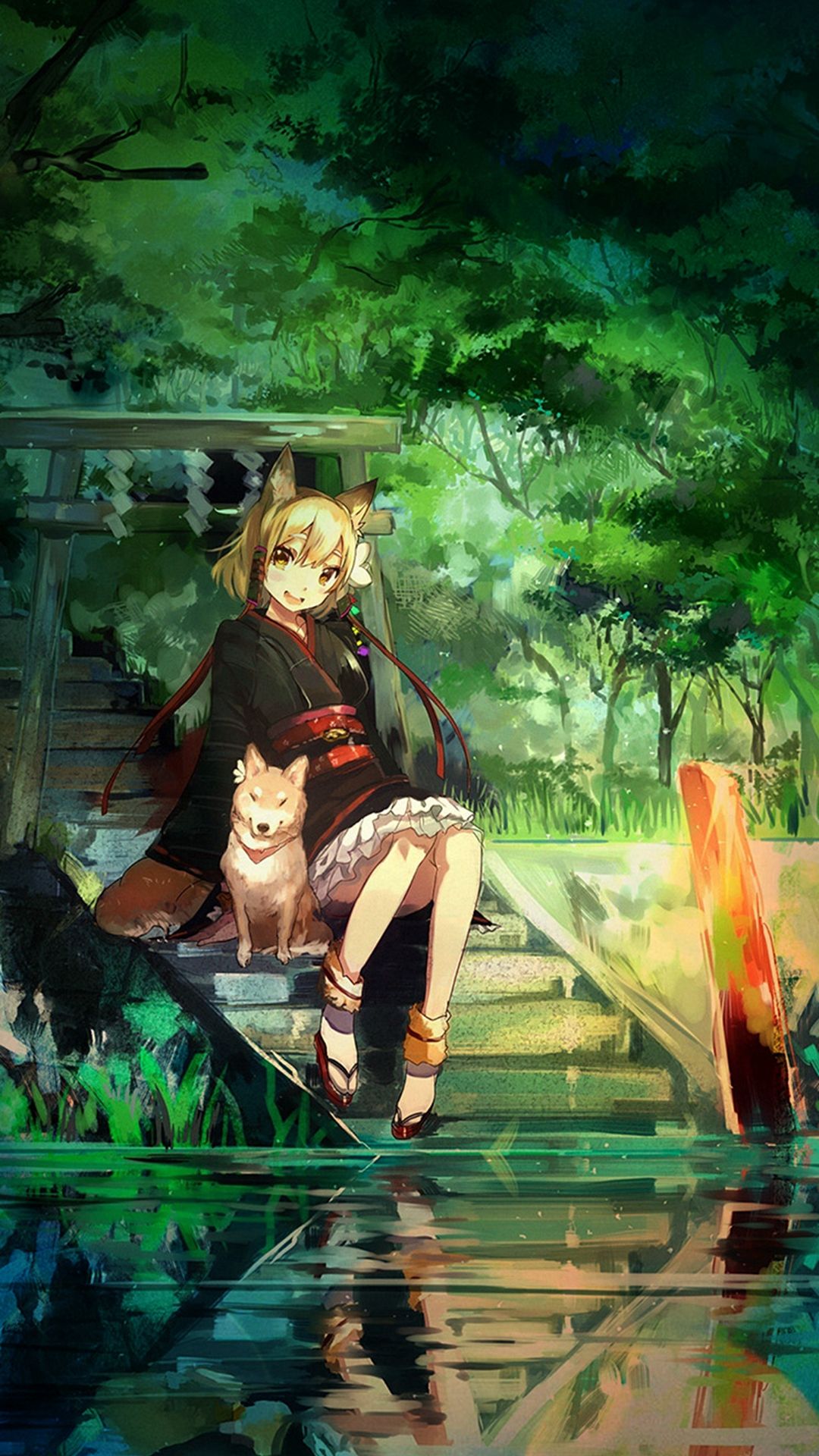 Ragazza anime con cane, natura verde, 1080x1920 Verticale, Telefono