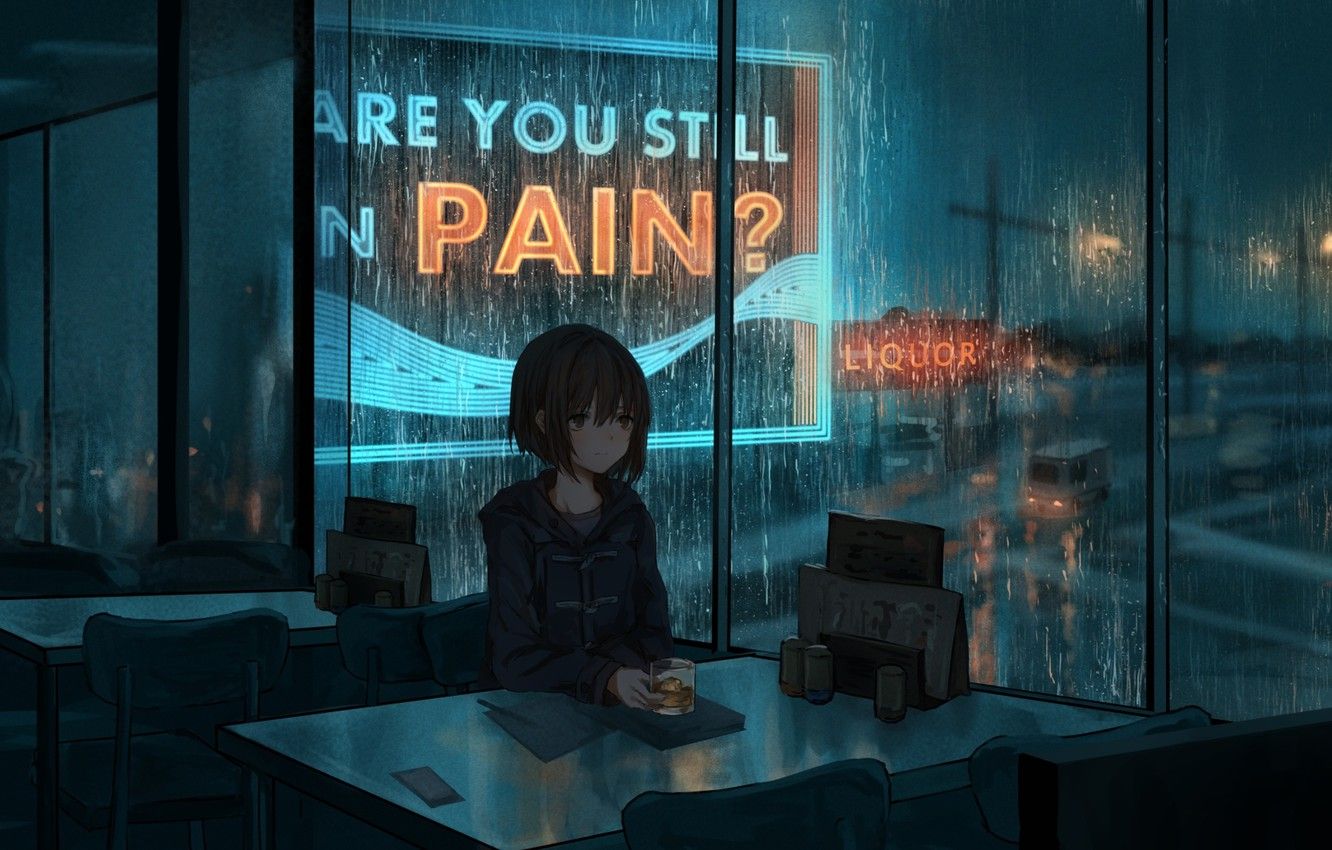 Ragazza anime in caffè piovoso, 1332x850 720p, PC