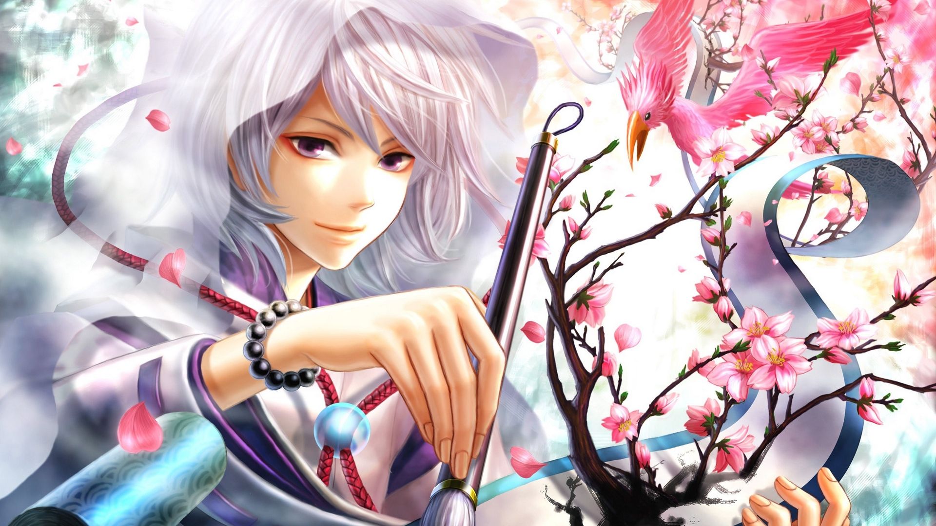 Ragazza anime capelli bianchi fiori ciliegio, 1920x1080 1080p, Desktop