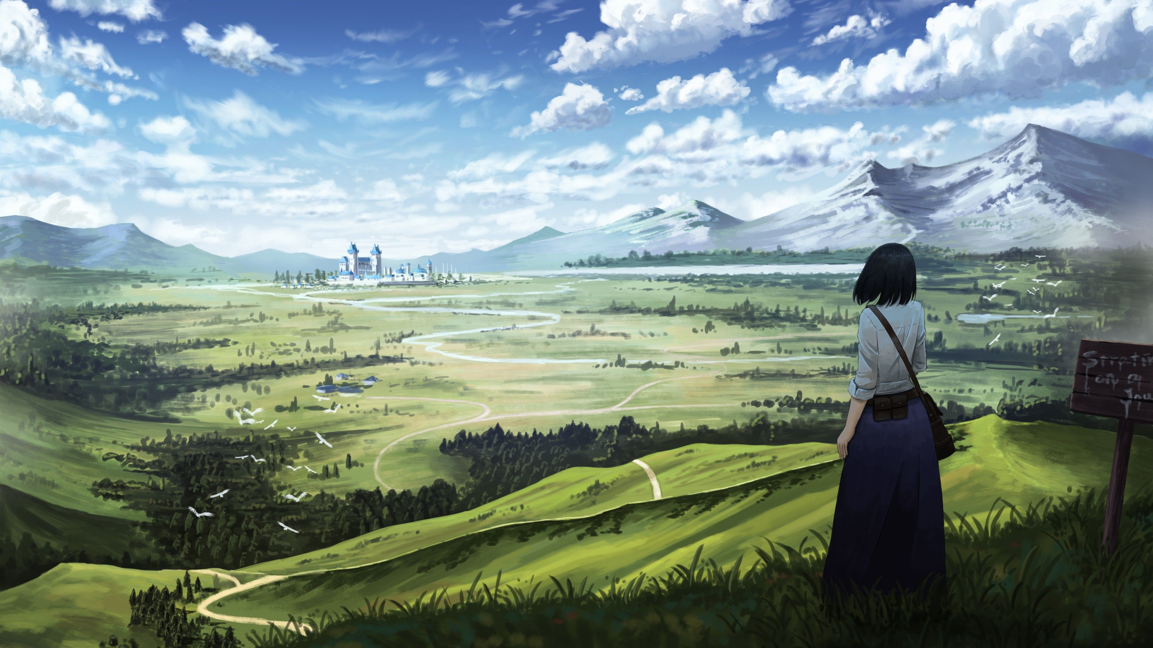 ragazza anime paesaggio castello, 3840x2160 4K, Desktop 4K