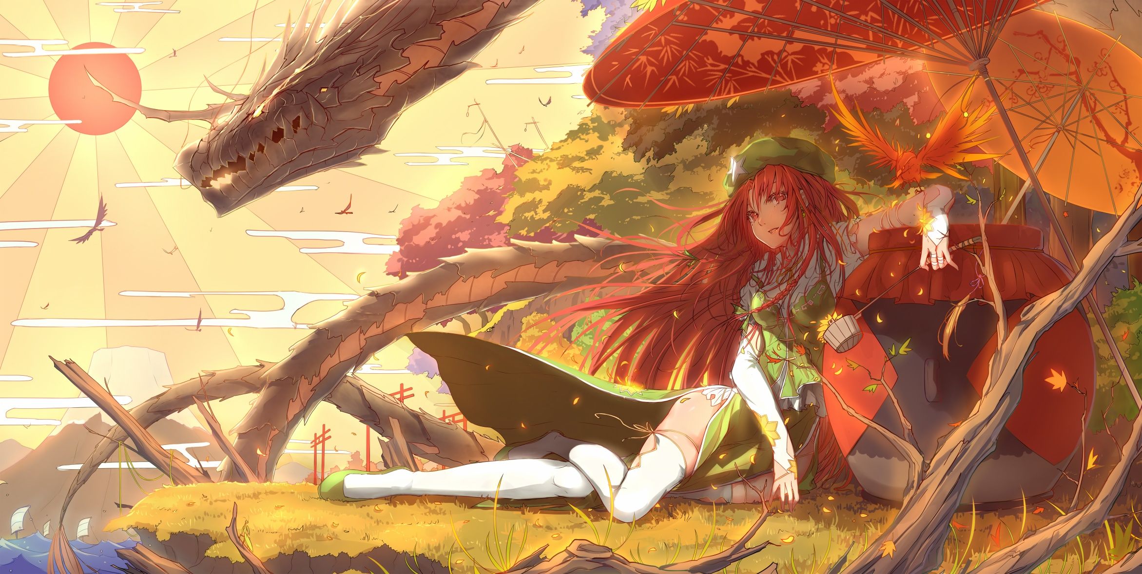 Ragazza anime capelli rossi con drago, 2343x1178 2K, PC Desktop