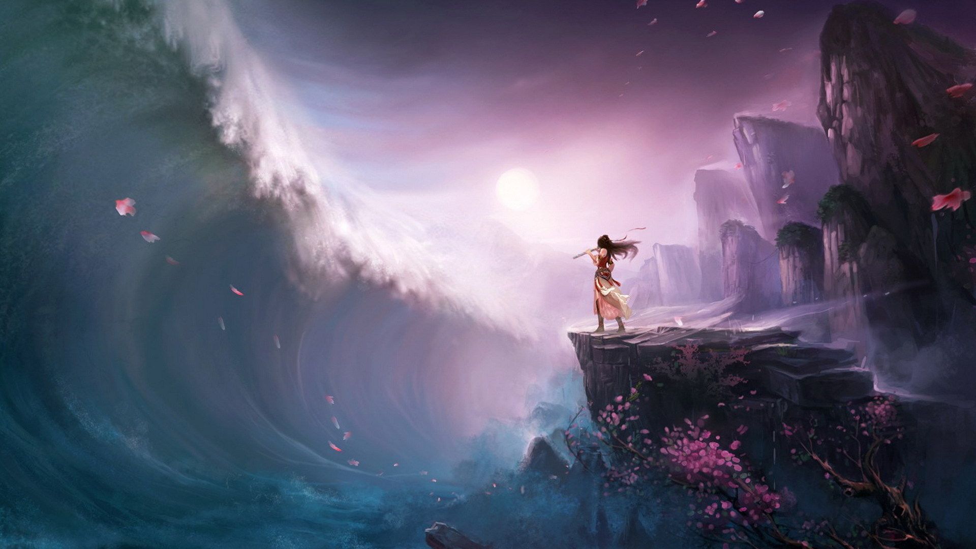 Personaggio anime su scogliera, onda gigante, 1920x1080 Full HD, Desktop