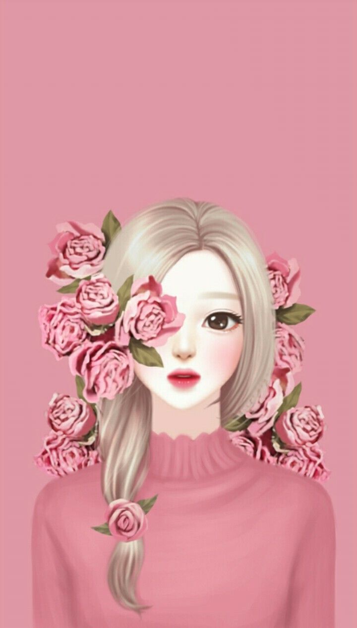 Ragazza cartoon con rose rosa, 720x1267 Verticale, Mobile