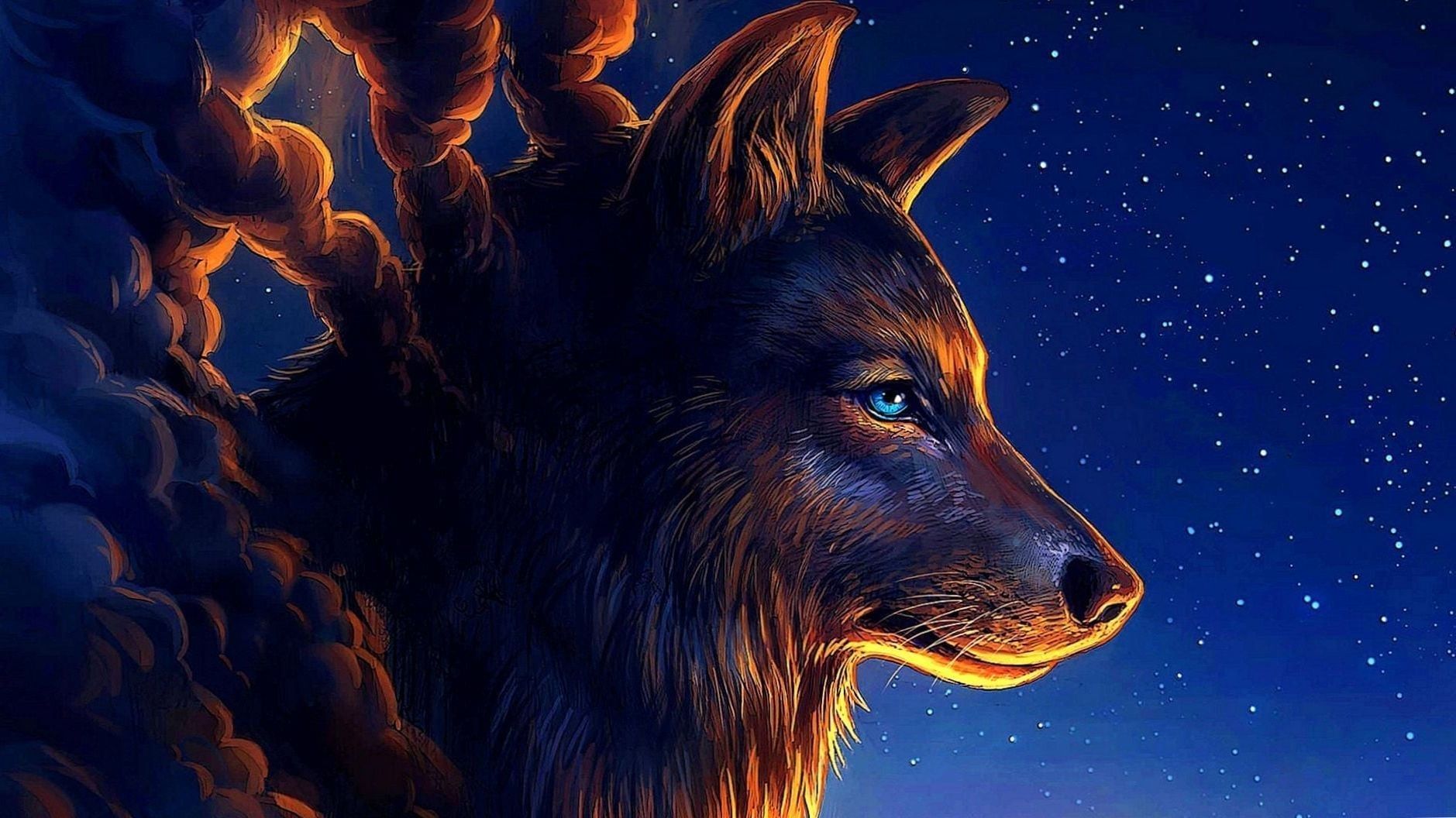 Lupo artistico con nuvole di fuoco, 1879x1056 900p, Desktop