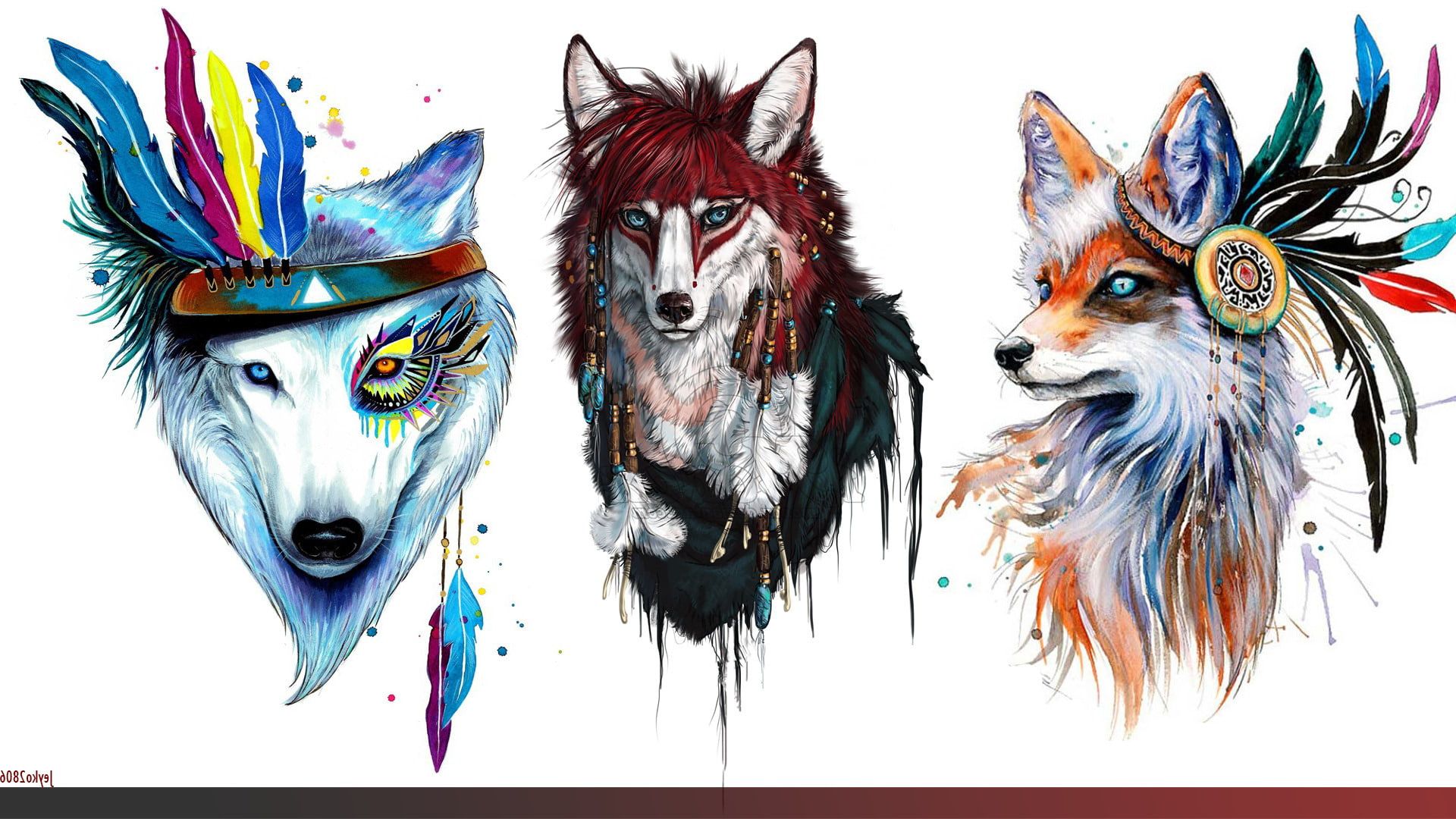 Lupi artistici con piume colorate, 1920x1080 Full HD, PC Desktop