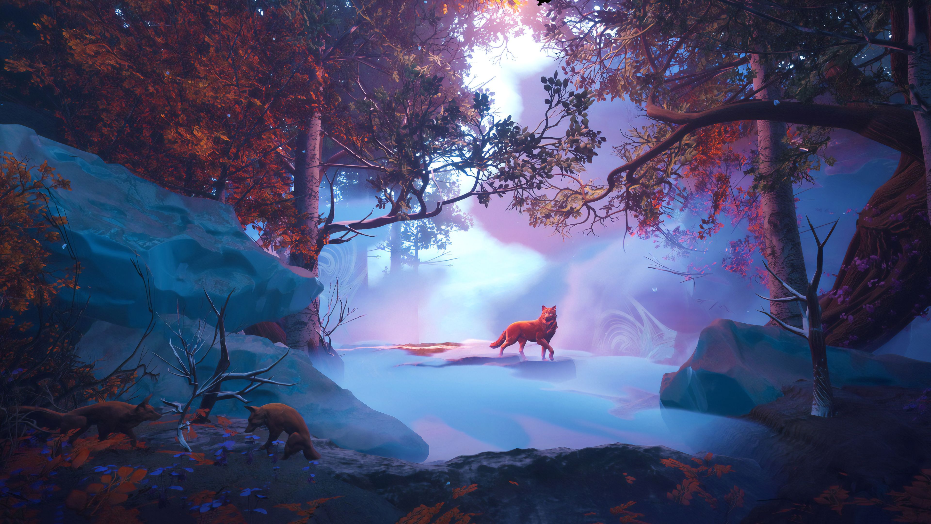 Lupo in bosco magico viola, 3840x2160 Ultra HD, 4K TV