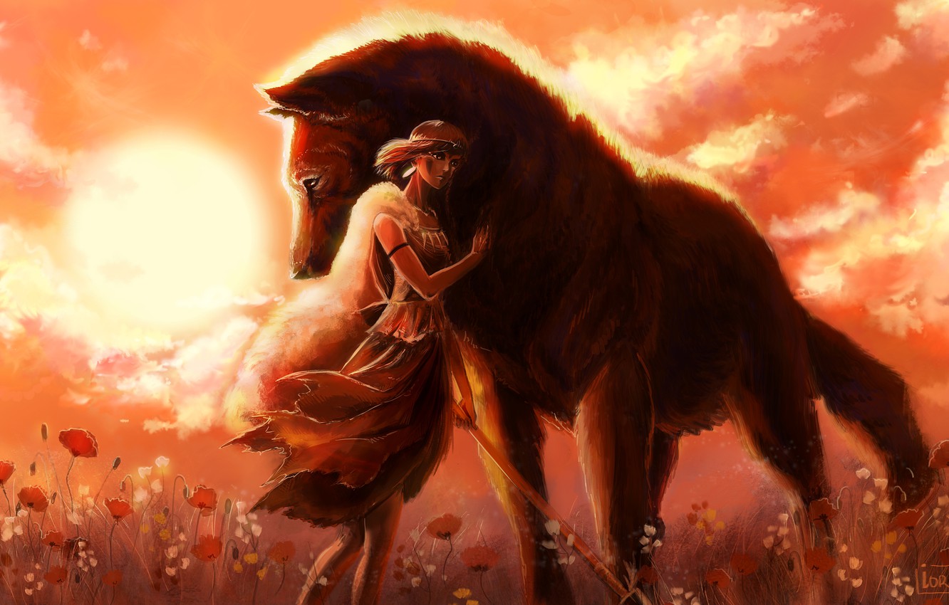 Ragazza abbracciata a lupo, 1332x850 720p, Laptop