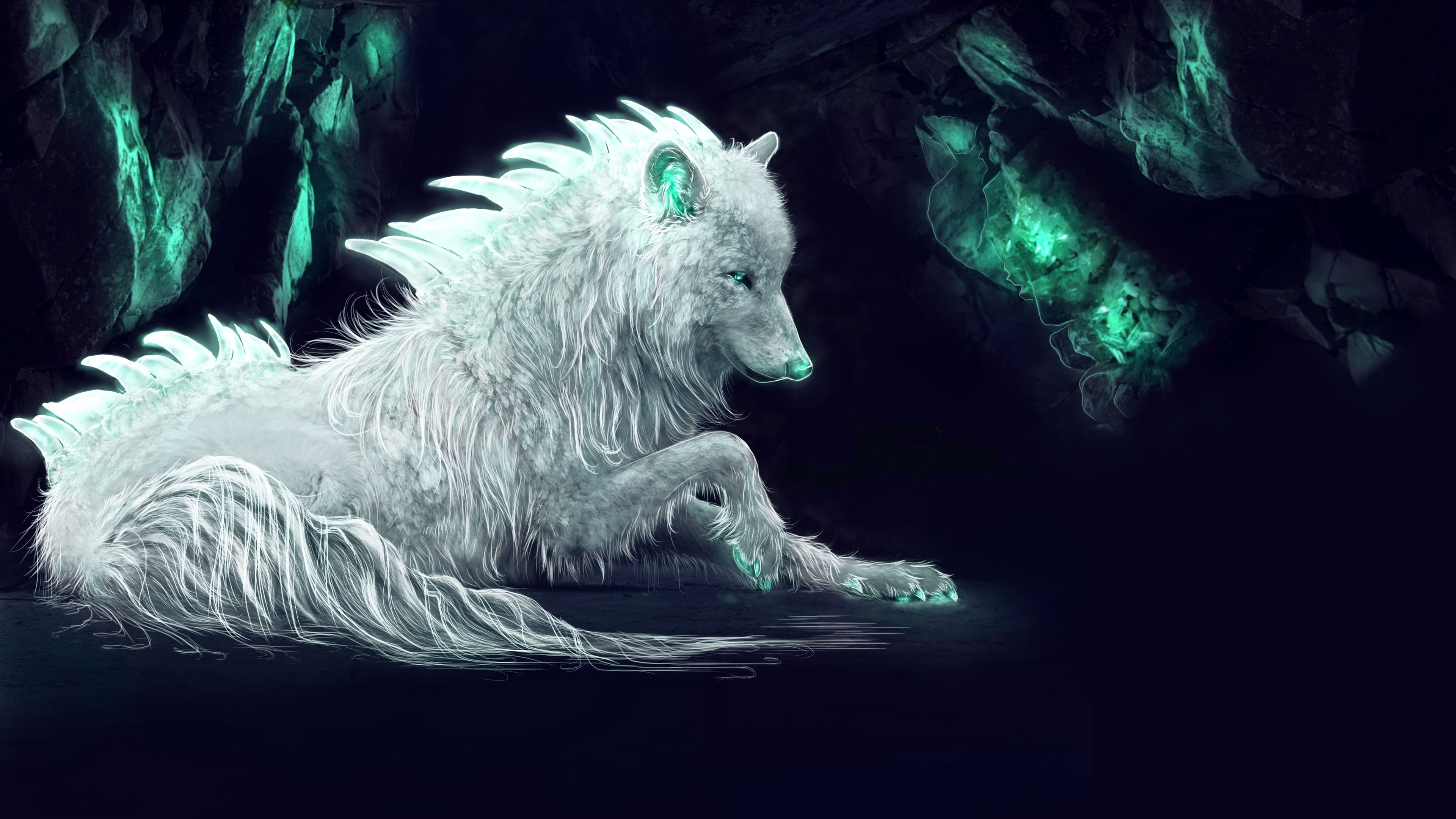Lupo bianco fantasy occhi verdi, 3840x2160 UHD, Monitor 4K