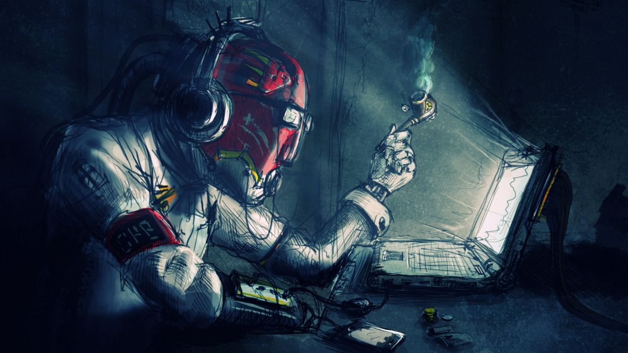 Astronauta con laptop e fumo, 1244x700 HD, Desktop