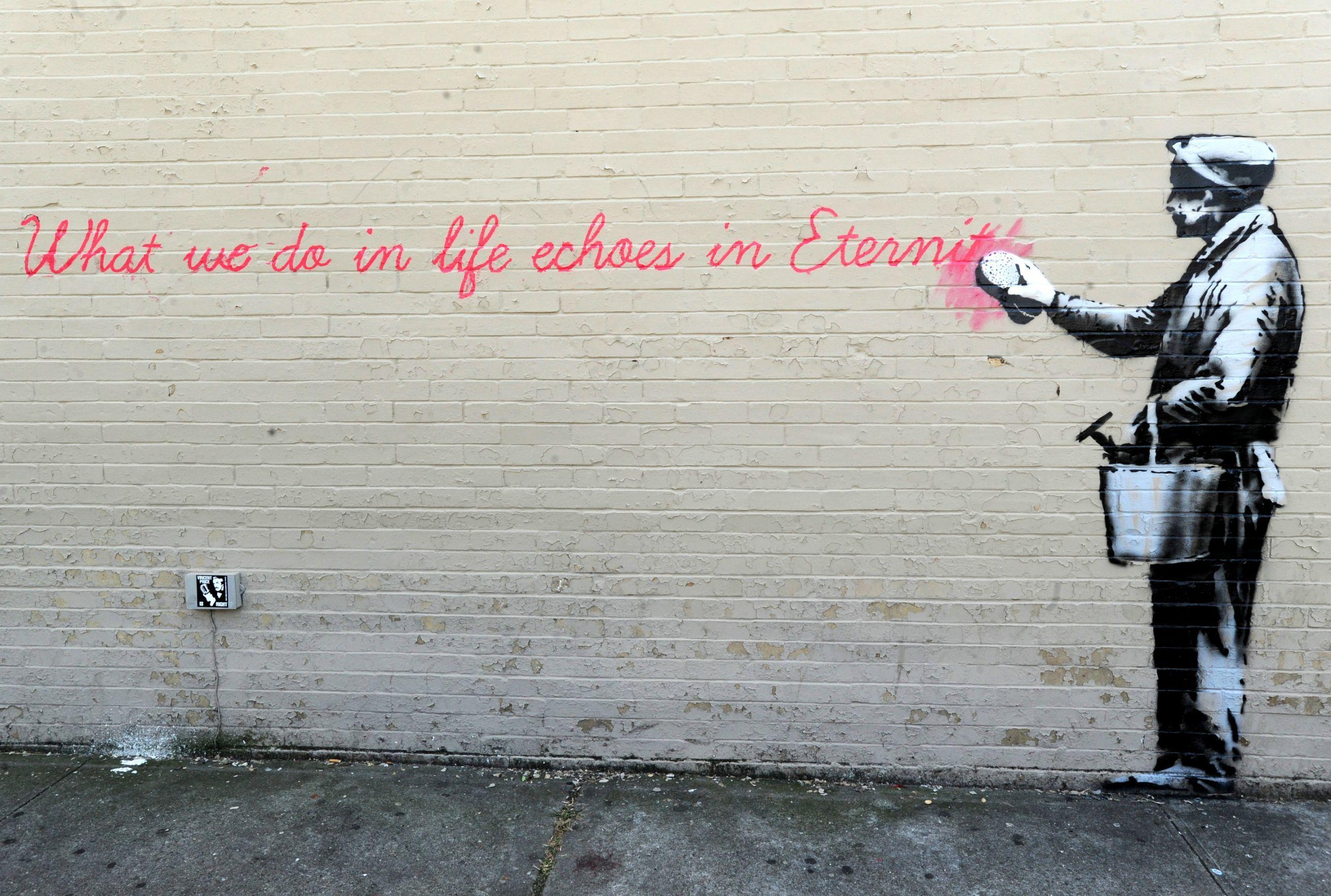Murale Banksy uomo scritta rosa, 2700x1818 2K+, Desktop