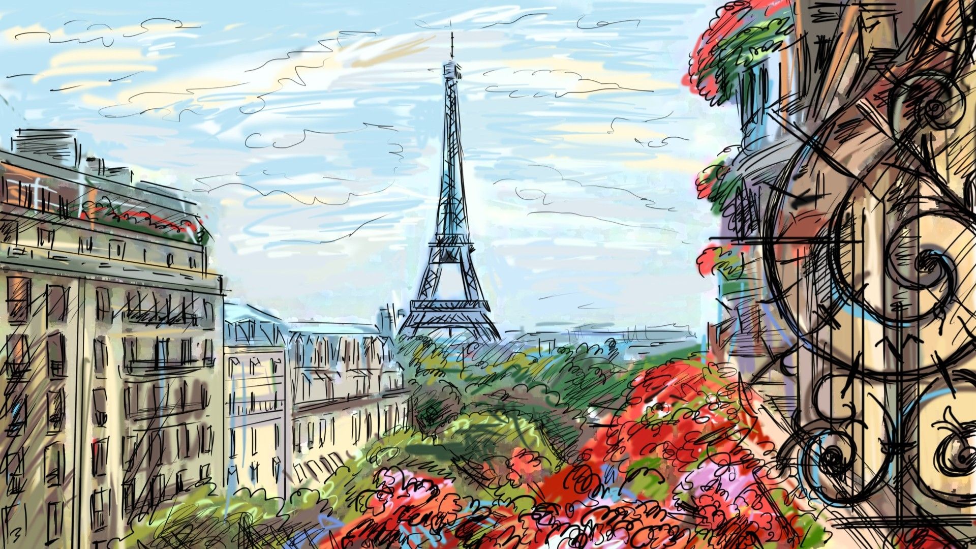 Torre Eiffel illustrazione balcone fiori, 1920x1080 Full HD, PC Desktop