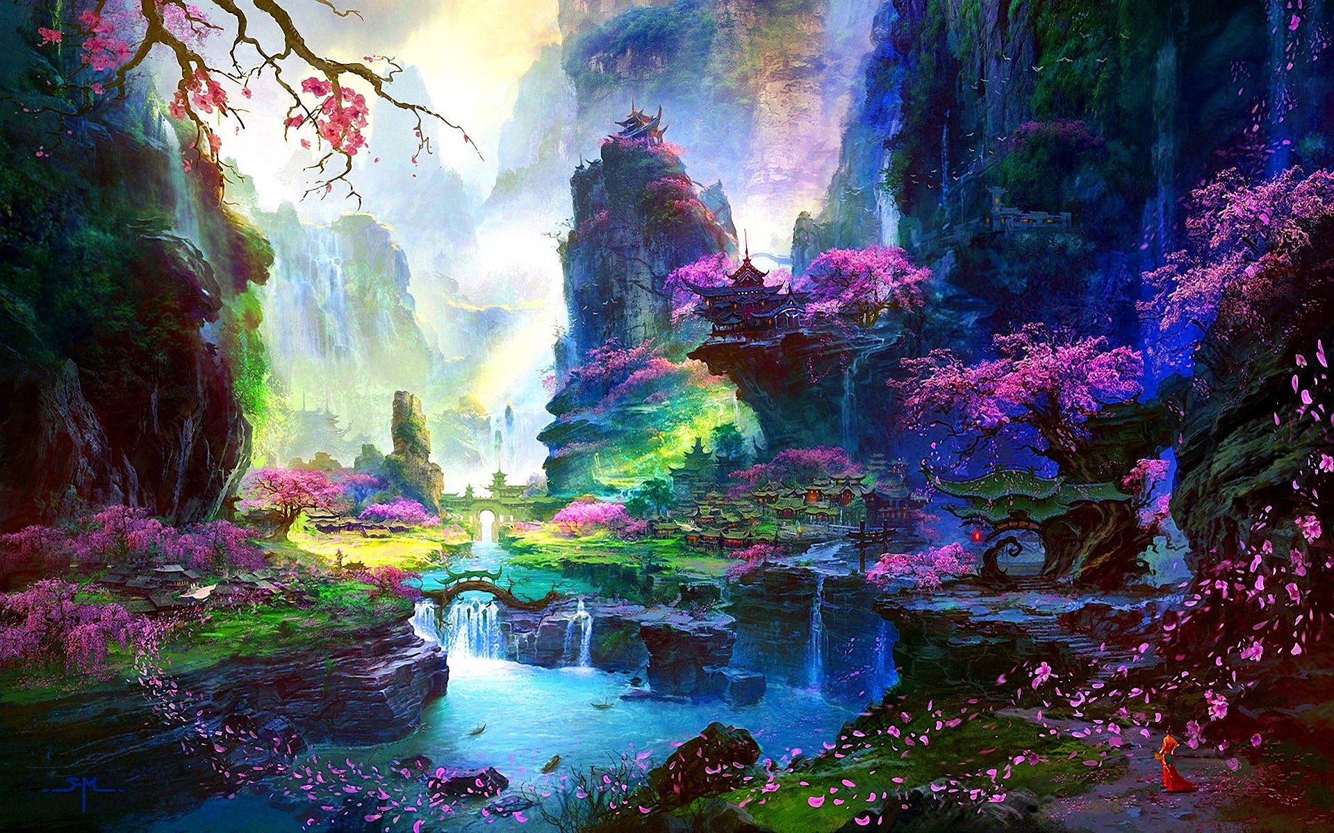 Valle fantasy con fiori di ciliegio, 1920x1200 WUXGA, Desktop