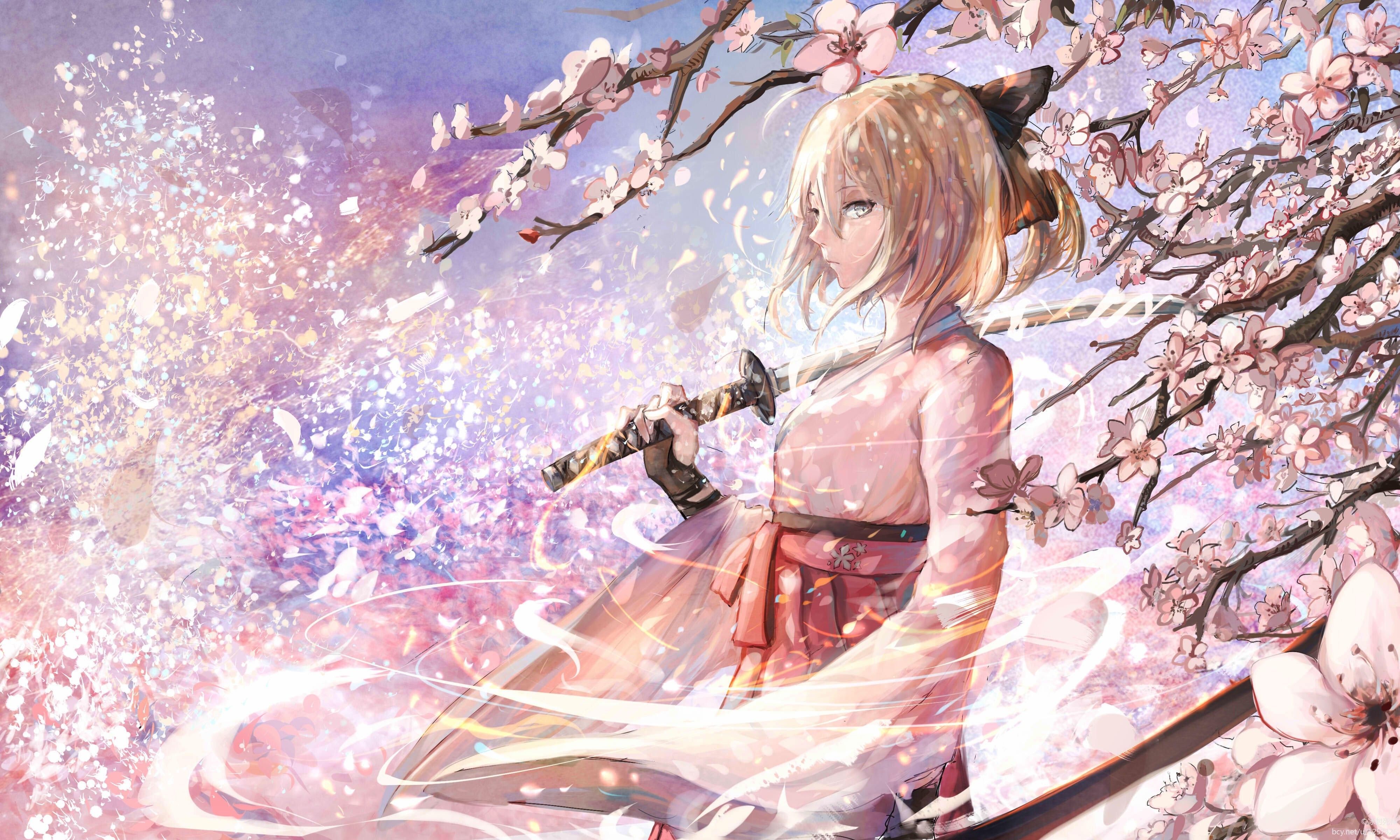 Guerriera anime con spada e ciliegi, 4000x2400 UHD, PC 4K