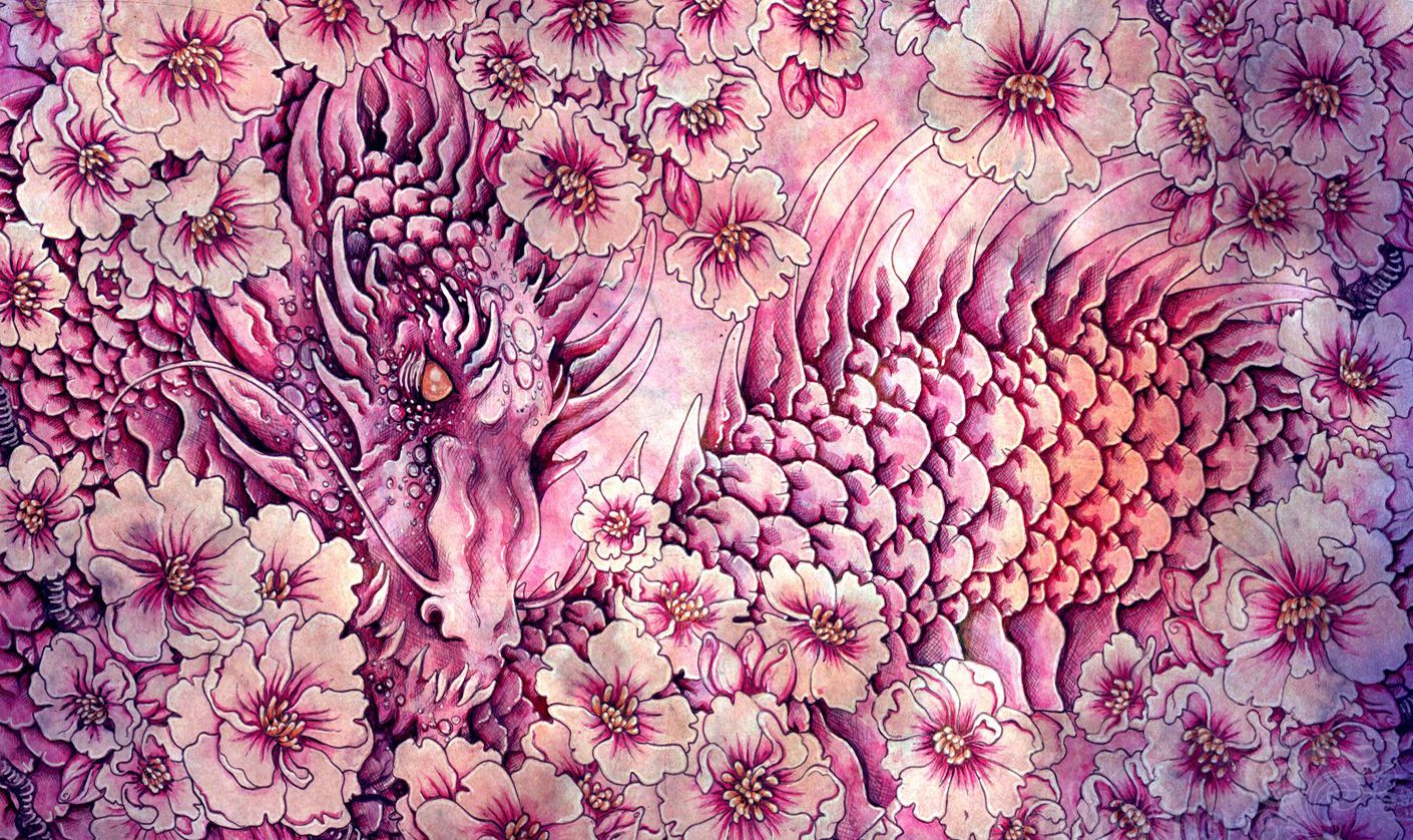 Drago rosa tra fiori di ciliegio, 1410x838 HD, ROG Asus Laptop