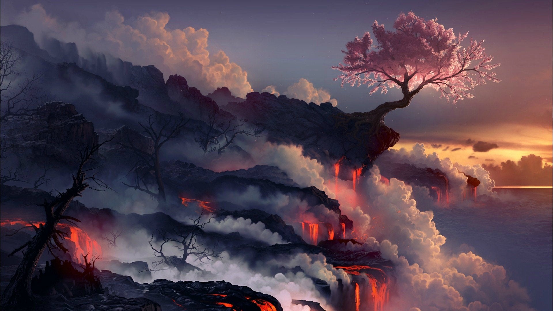 Ciliegio in fiore su vulcano, 1920x1080 Full HD 1080p, PC