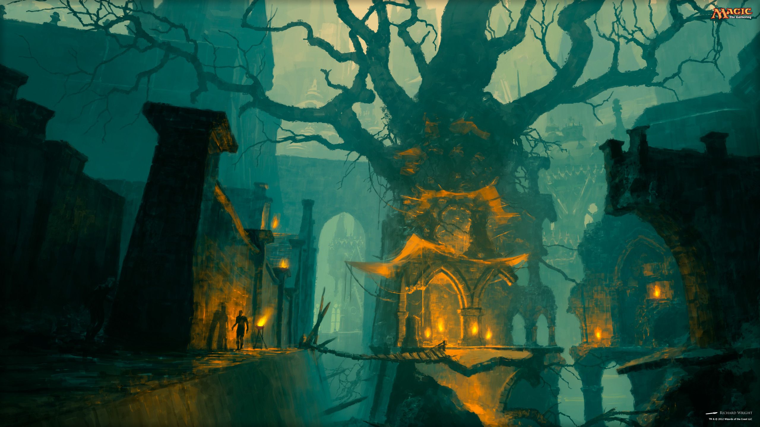 Villaggio fantasy notturno con albero, 2560x1440 2K, Desktop