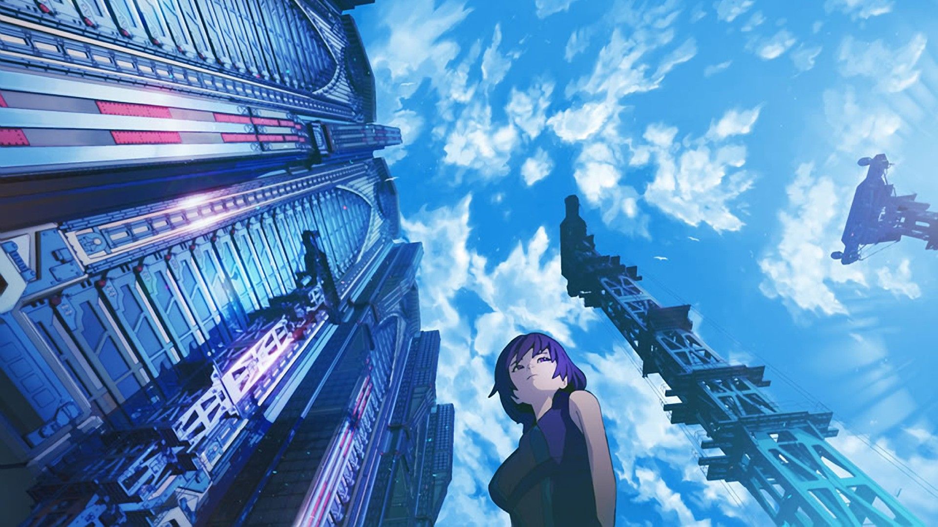 ragazza capelli viola grattacieli, 1920x1080 1080p, PC