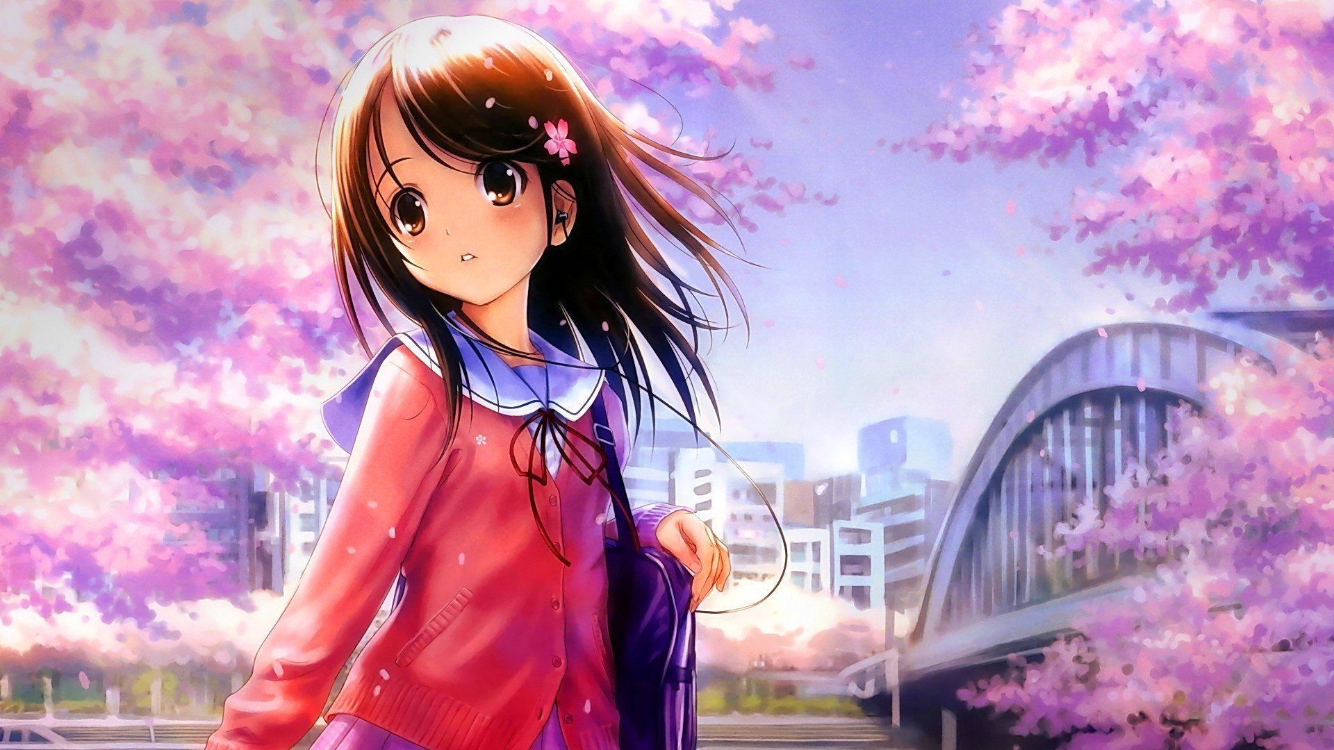Ragazza manga con ciliegi fioriti, 1920x1080 Full HD, PC