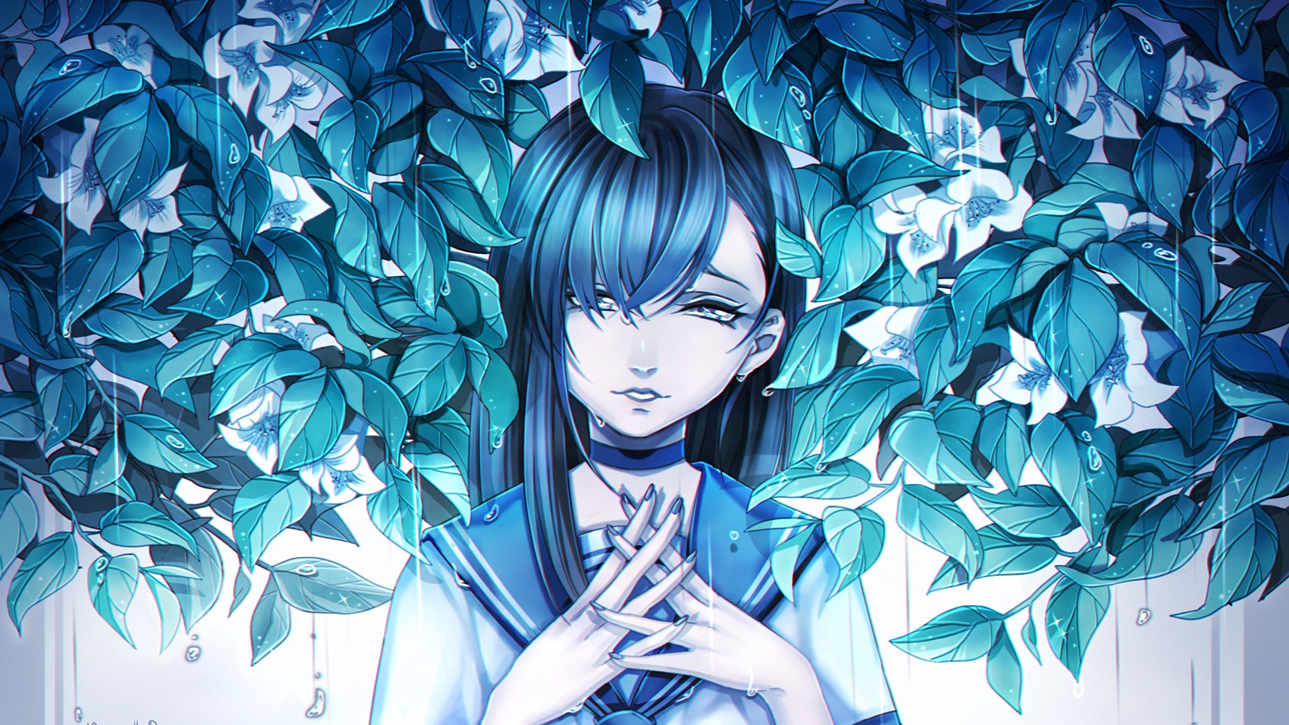 Ragazza anime tra foglie blu, 2560x1440 2K QHD, PC