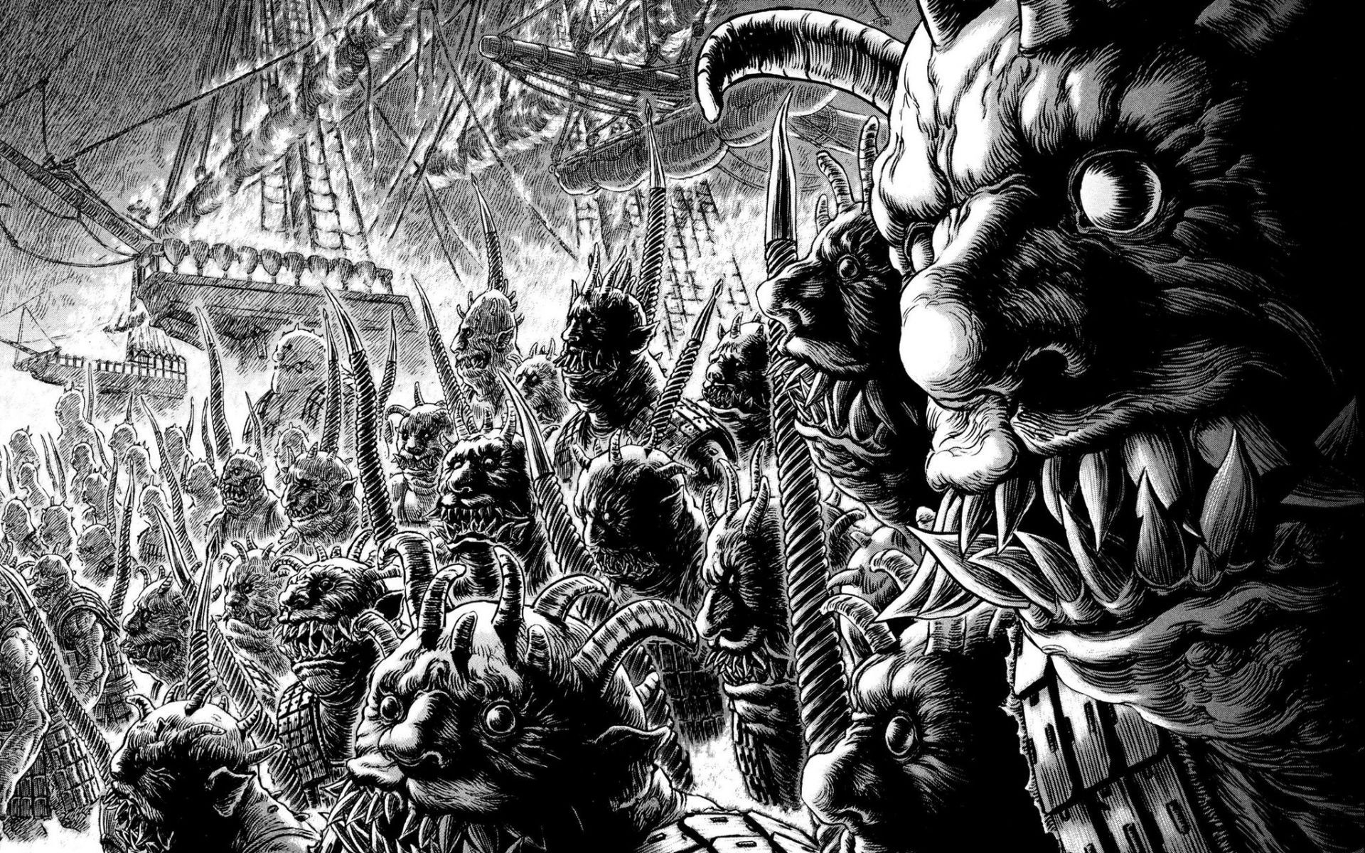 Berserk mostri esercito bianco nero, manga dark fantasy, 1920x1200 Full HD+ WUXGA, Desktop